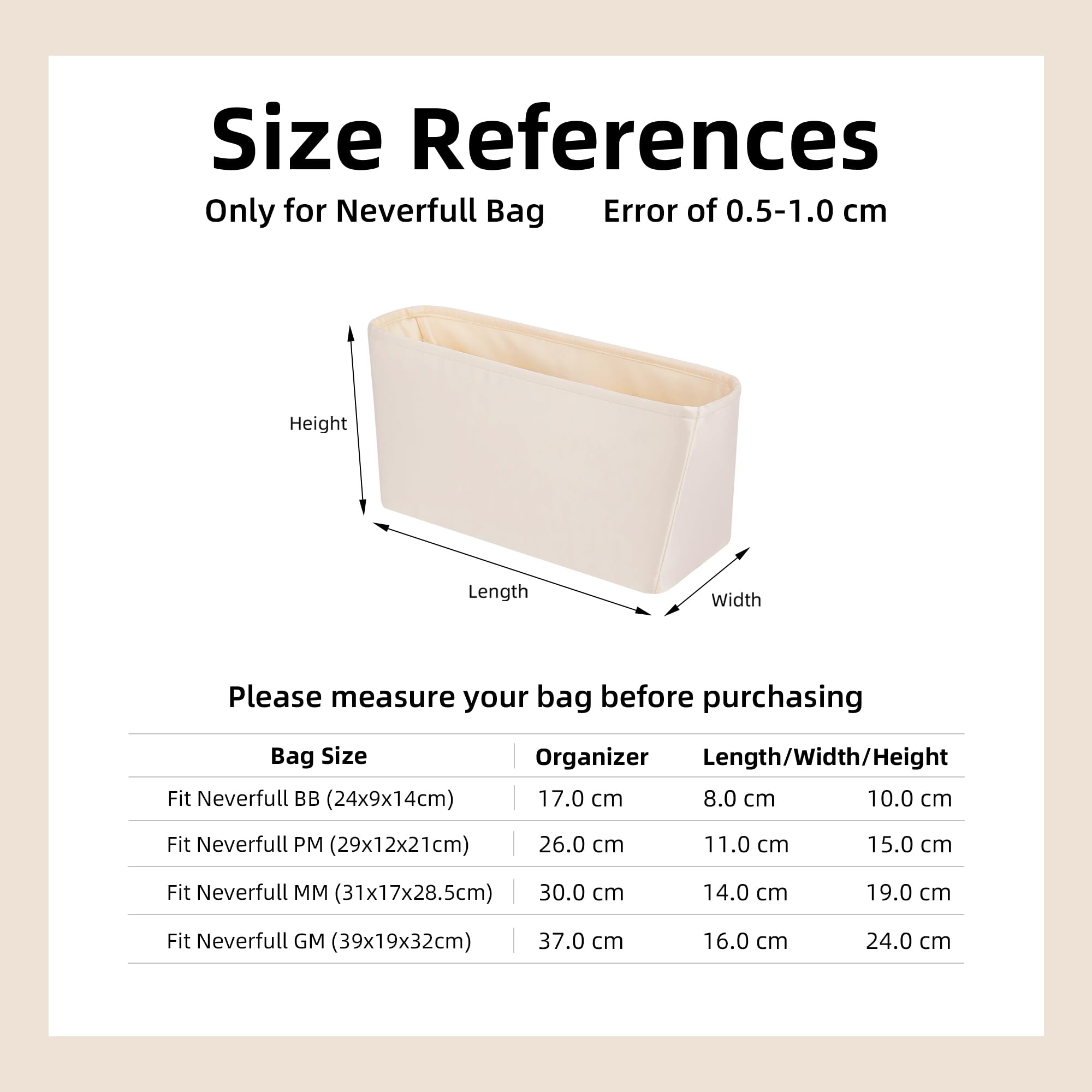 DGAZ seta organizer per LV Neverfull PM/MM/GM, donne borsetta organizer, Organizzatore di borsa leggero (Craie, MM) | Lussuosa tasca interna in raso, vestibilità perfetta, protezione delicata, leggera