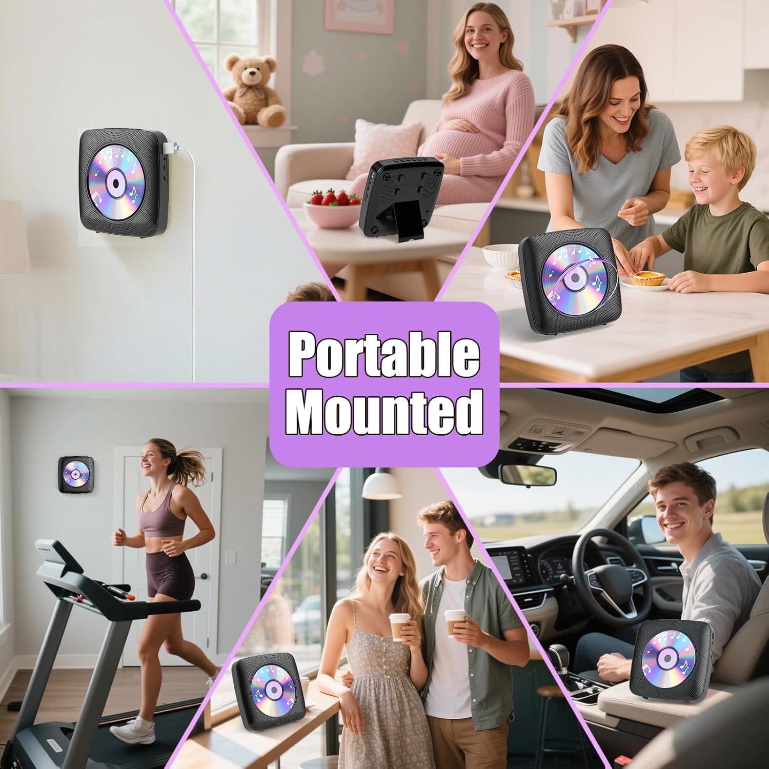 Gueray CD Player Portable with Bluetooth Wall Mountable, 1800mAh Rechargeable Battery Operated CD Music Players for Home Desk Built-in HiFi Speaker LCD Screen Display FM Radio Supports USB AUX Jack