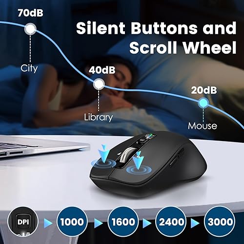 Vista 6 de Mouse inalámbrico Bluetooth (USB + BT1 + BT2), tamaño completo, desplazamiento de 4 vías, mouse silencioso multidispositivo para computadora, Negro