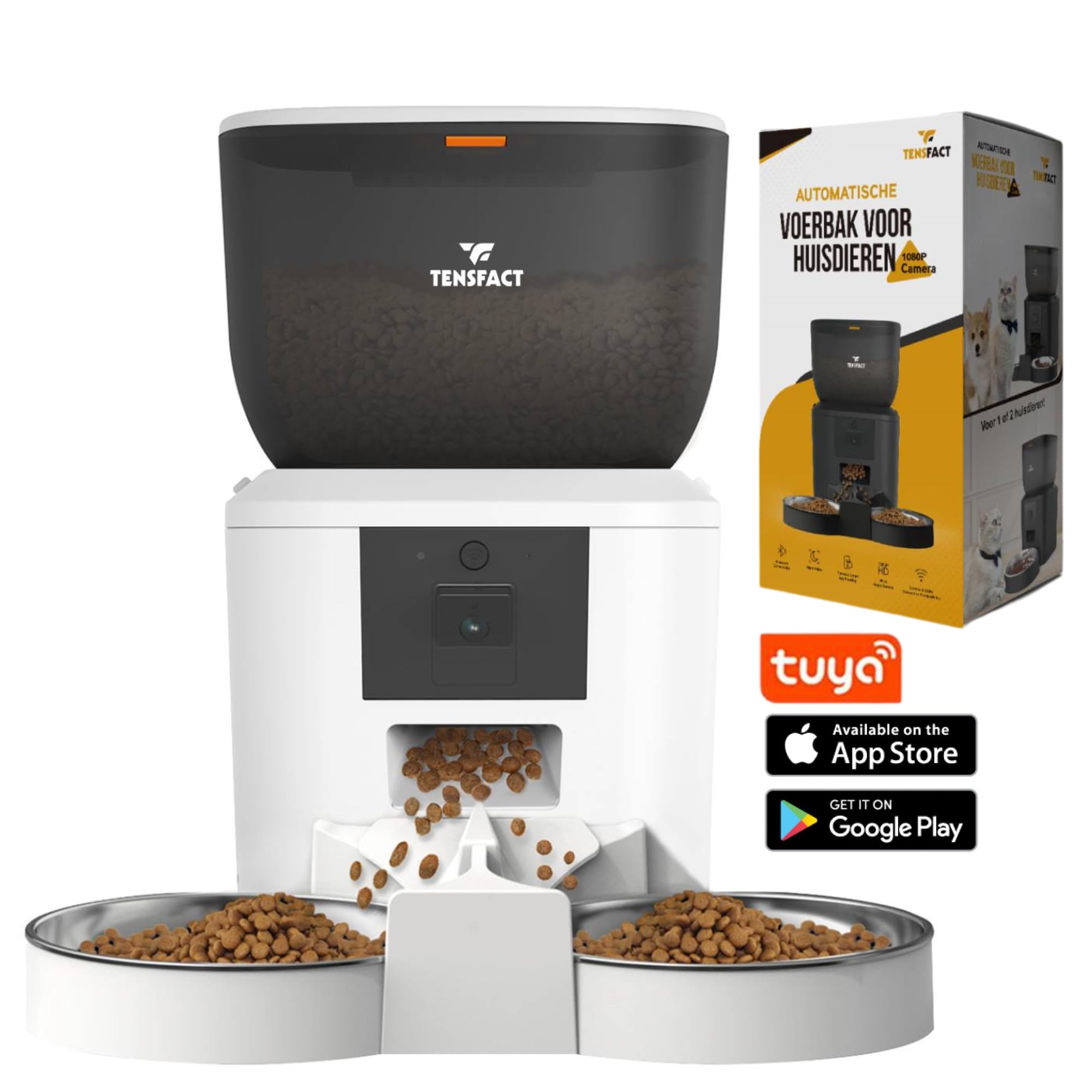 Comedero Automático para Gatos y Perros con Cámara HD, 4L, Doble Cuenco de Acero Inoxidable, Control por App, Programable – Tensfact – Blanco