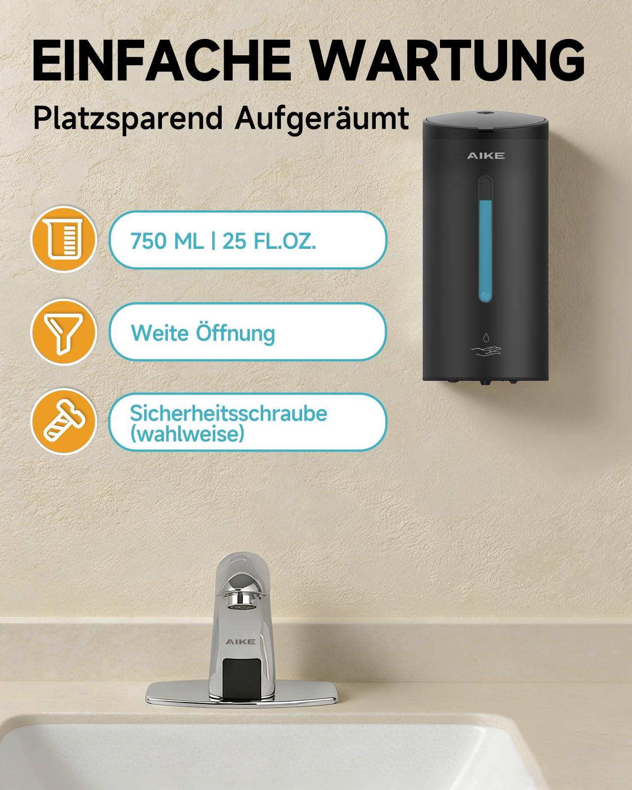 AIKE Klassischer Automatischer Seifenspender,Edelstahl Optik, AK1205E | 740 Ml Großes Fassungsvermögen, Fünf Stufen Einstellbar, Wasserdichter Seifenspender, Geeignet Für Den Gewerblichen Gebrauch