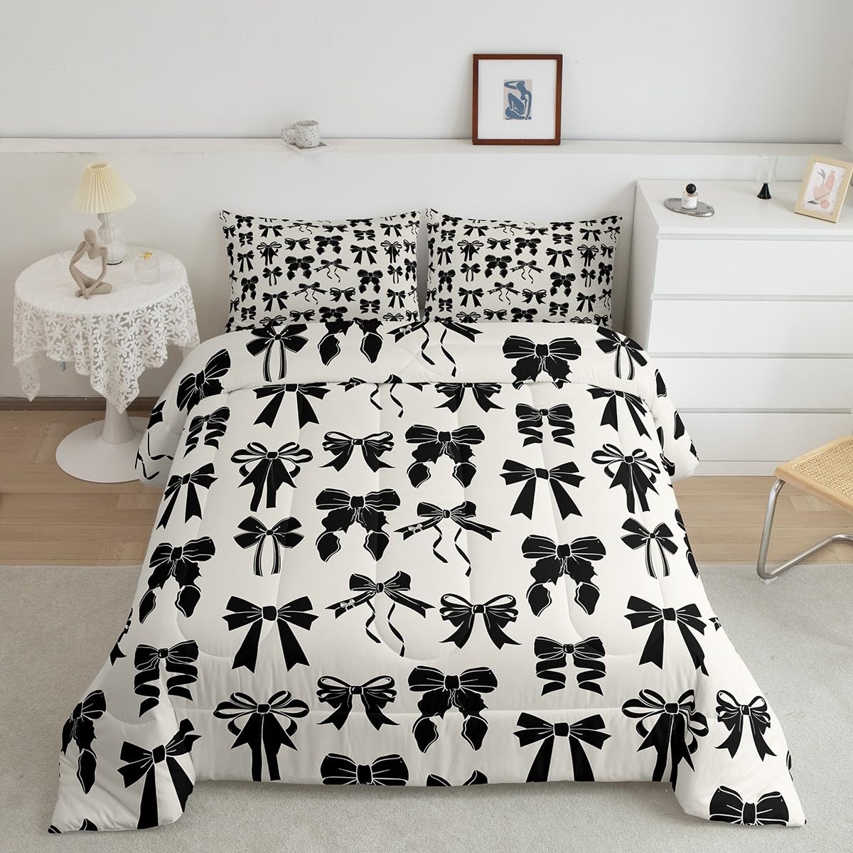Feelyou Bow Bedding Set Twin Size Black Bow Comforter Set for Kids Boys Girls Decor Cute Bowknot Comforter Microfiber Girls Bow Duvet Set Bedroom Quilt Set