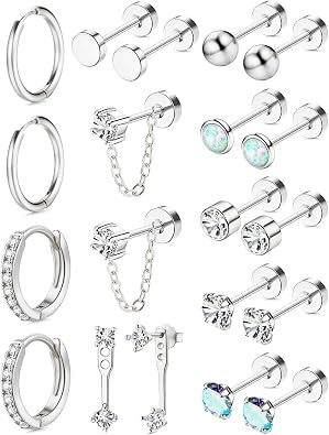 Nunpag 10 & 14 Pairs Hypoallergenic 14K Gold Plated Flat Back Earrings Hoops for Women CZ Stone Pearl Opal Studs Huggie Hoops Earrings Stainless Steel Cartilage Jewelry Gift for Sensitive Ear