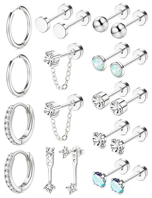 Nunpag 10 14 Pairs Hypoallergenic 14K Gold Plated Flat Back Earrings Hoops for Women CZ Stone Pearl Opal