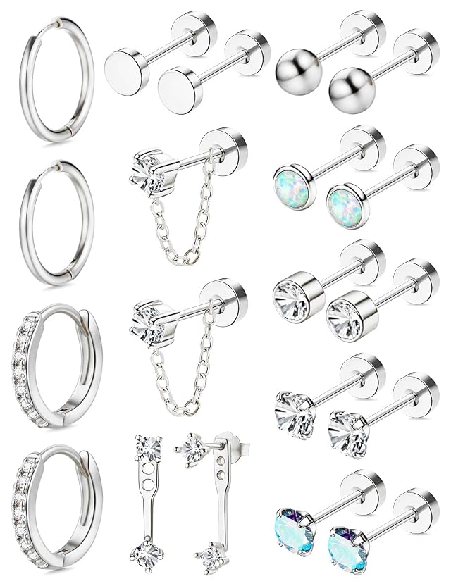 Nunpag 10 14 Pairs Hypoallergenic 14K Gold Plated Flat Back Earrings Hoops for Women CZ Stone Pearl Opal