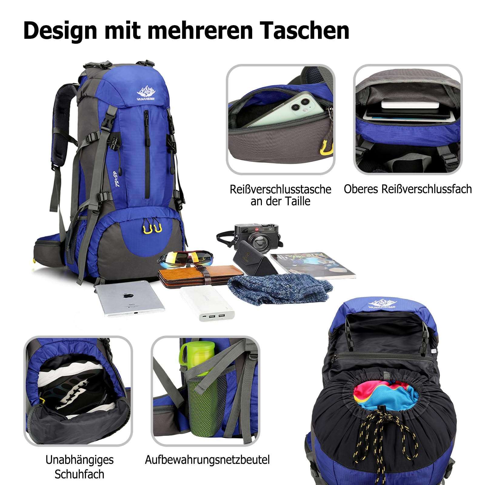 50L Wanderrucksack Wasserdichter Rucksack Reiserucksack mit Regenhülle Herren Damen Backpack für Wandern Bergsteigen Camping Reisen Sport Rot