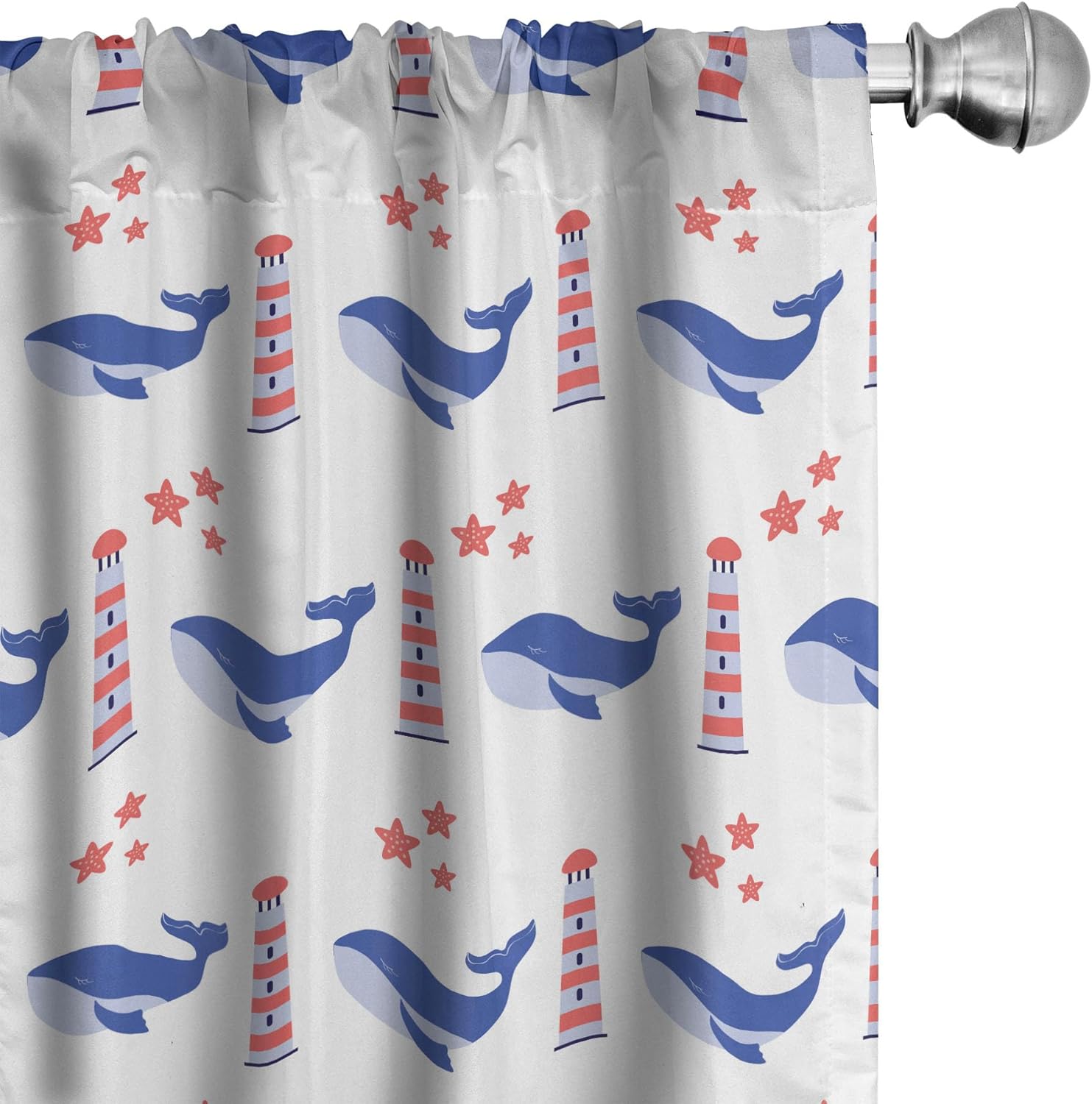 Ambesonne Nautical Blue Window Curtains, Marine Themed Pattern of Whale Lighthouse and Starfish, Lightweight Decor 2-Panel Set with Rod Pocket, Pair of - 28" x 95", Blue Ceil