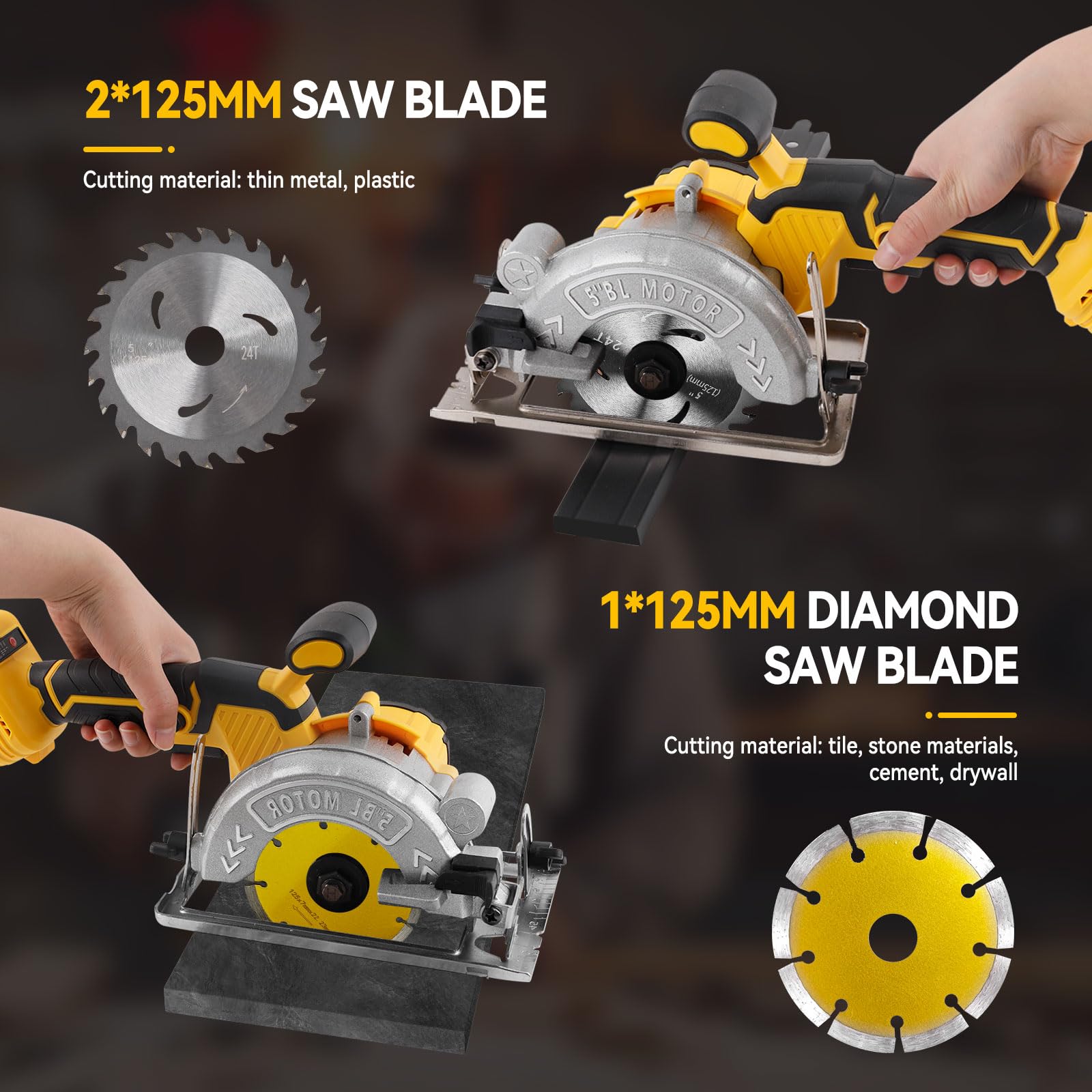 Scie Circulaire Sans Fil pour Dewalt Batterie 18/20V, 6200 tr/min Scies Circulaires électriques 12.5CM Sans Balais avec 3 Lames de Scie, Angle Coupe 0-45° pour Bois Plastique Tuile (Sans Batterie)