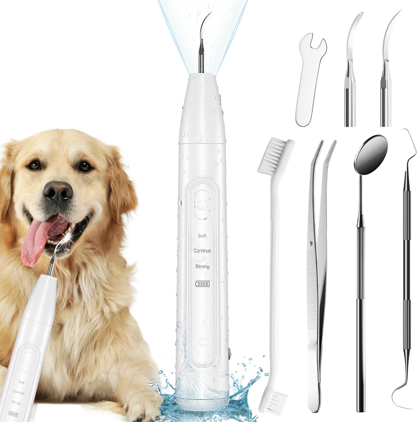 Dog Plaque Remover - Pet Sonic Teeth Cleaner with LED Light -Teeth Cleaning Kit for Tartar and Stains -Suitable for Dogs（White）
