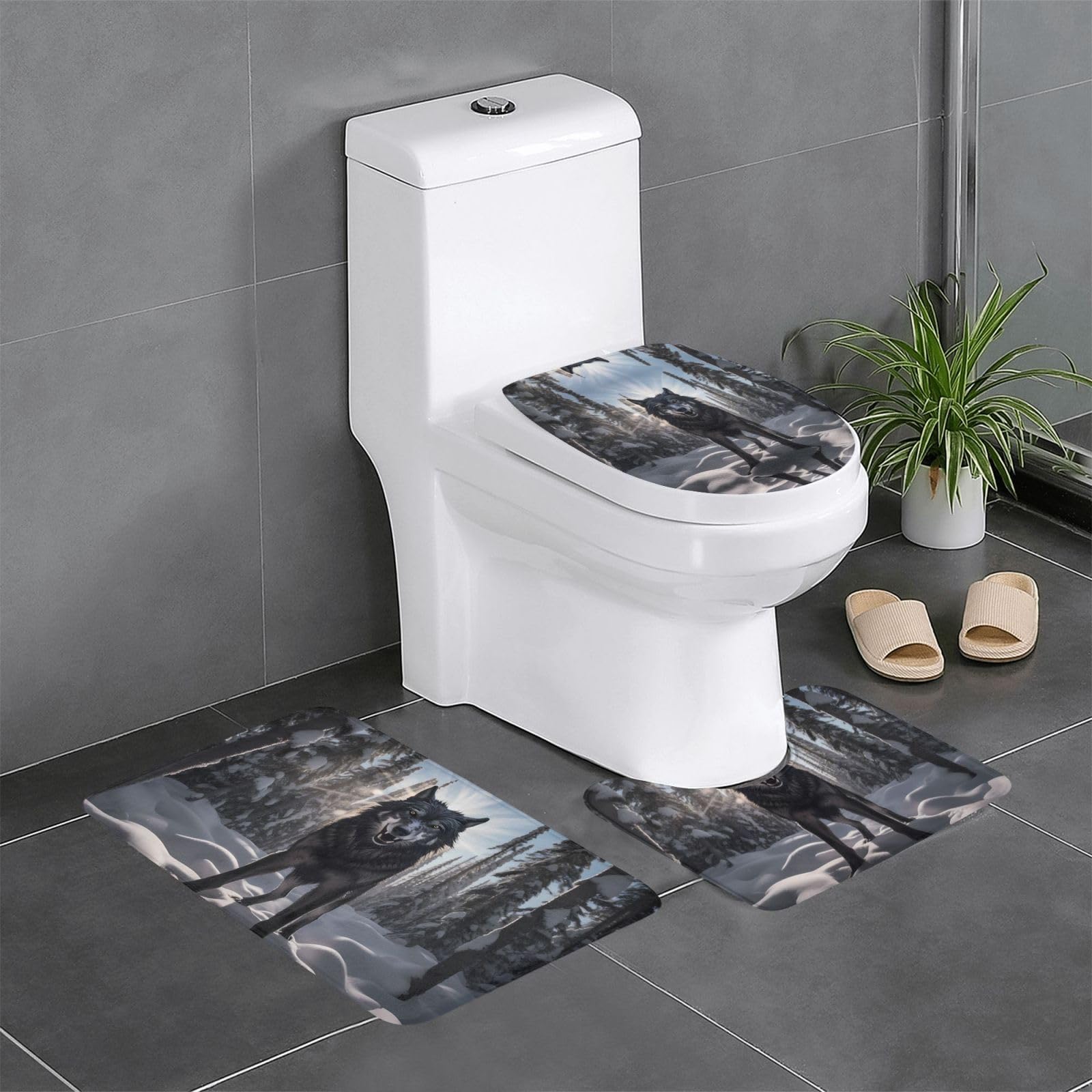 Tapis de bain haut de gamme motif loup triptyque de salle de bain