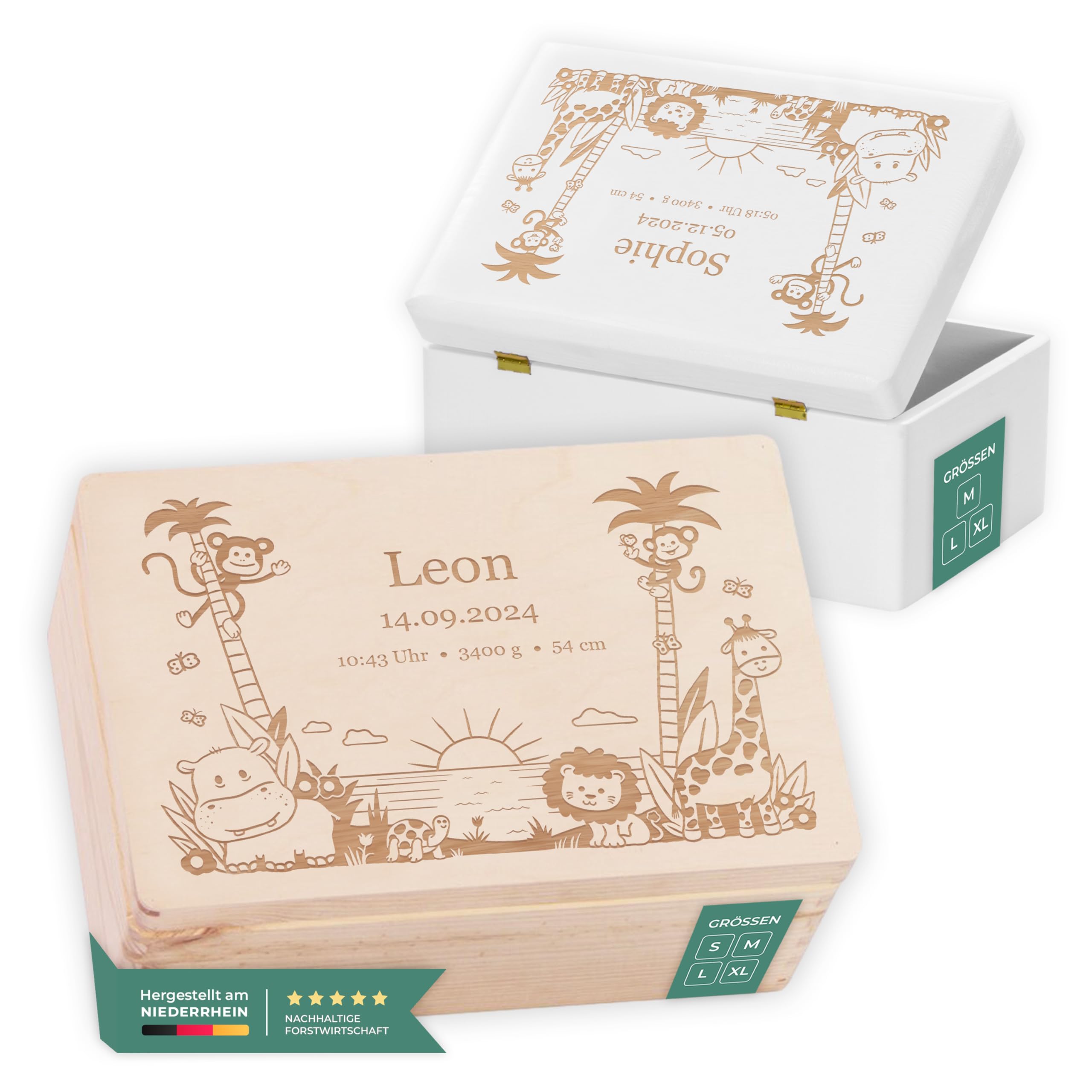 LAUBLUST Erinnerungsbox Baby Personalisiert - Geschenk zur Geburt mit Name | Dschungel - Kinder Erinnerungskiste Holz für Mädchen & Jungen | Holzkiste Natur & Weiß - FSC® (Größen S, M, L, XL)
