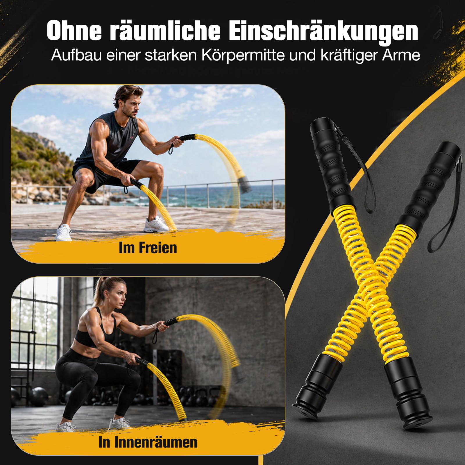 Battle Rope Ohne Seil mit Gewichtsringen – Verstellbare Battle Ropes (50-70 lbs) für Zuhause, Leise Seillose Battle Rope mit Silikon Griff, Ideal für Ganzkörpertraining, Fettverbrennung & Krafttrainin