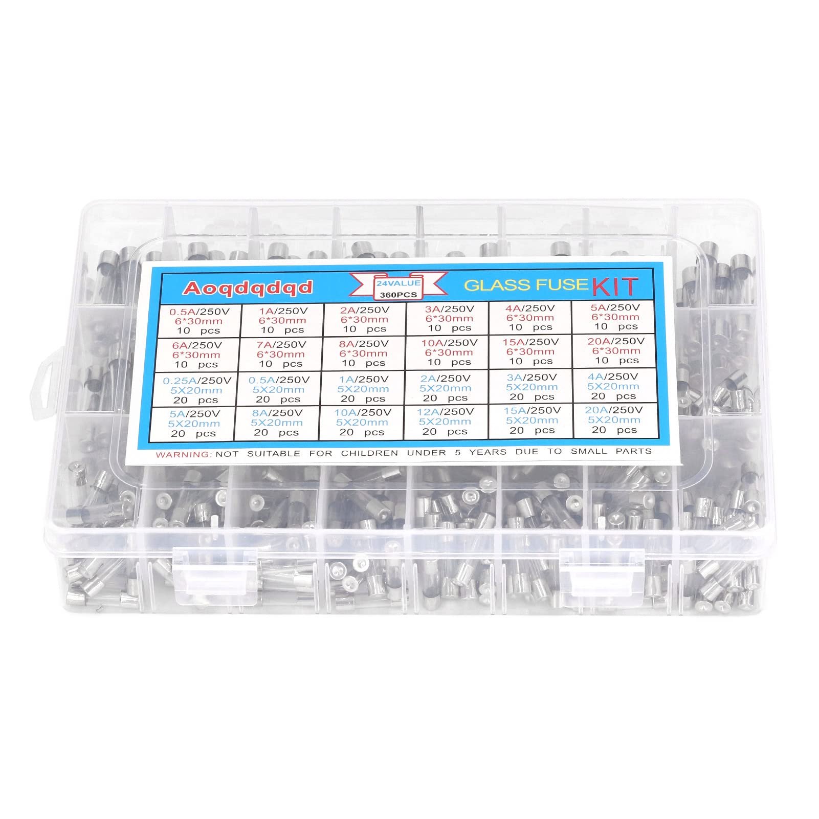 360 szt. Szklana Rurka Bezpiecznikowa 24 Typy 0,25A 0,5A 1A 2A 3A 4A 5A 6A 7A 8A 10A 15A 20A 6x30mm 5x20mm 250V Zestaw Asortymentowy