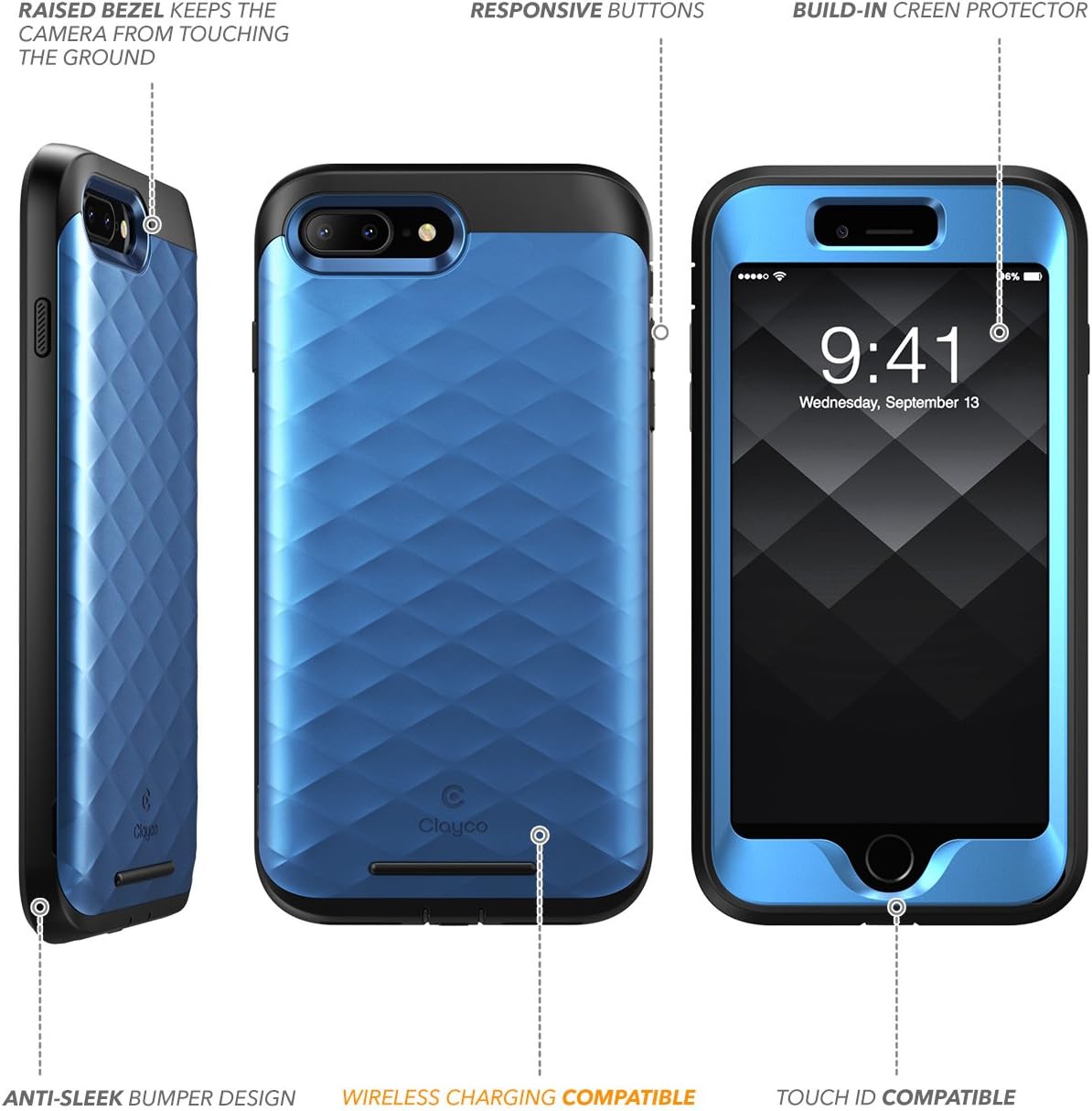 Clayco iPhone 8 Plus Case, Hera Series Full-Body Rugged Case with Built-in Screen Protector Compatible with Apple iPhone 7 Plus 2016/ iPhone 8 Plus 2017 (Blue)