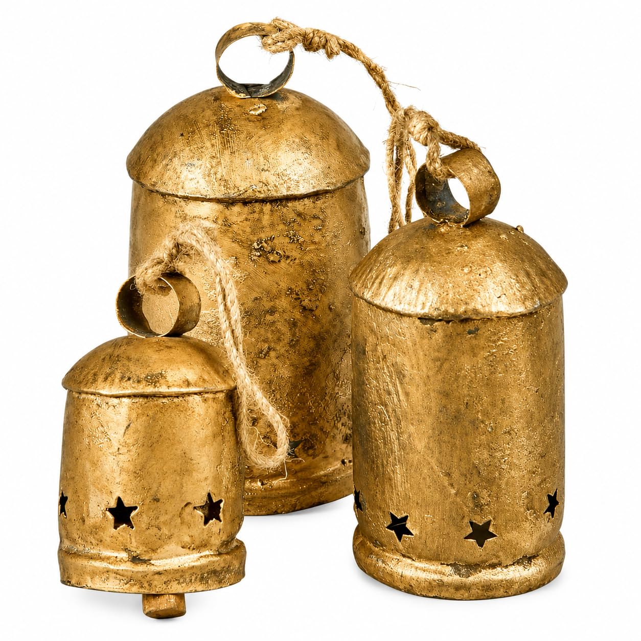 Set di 3 campane cilindriche fatte a mano in stile vintage rustico con decorazione natalizia a forma di stella sulla linea inferiore del giardino festivo