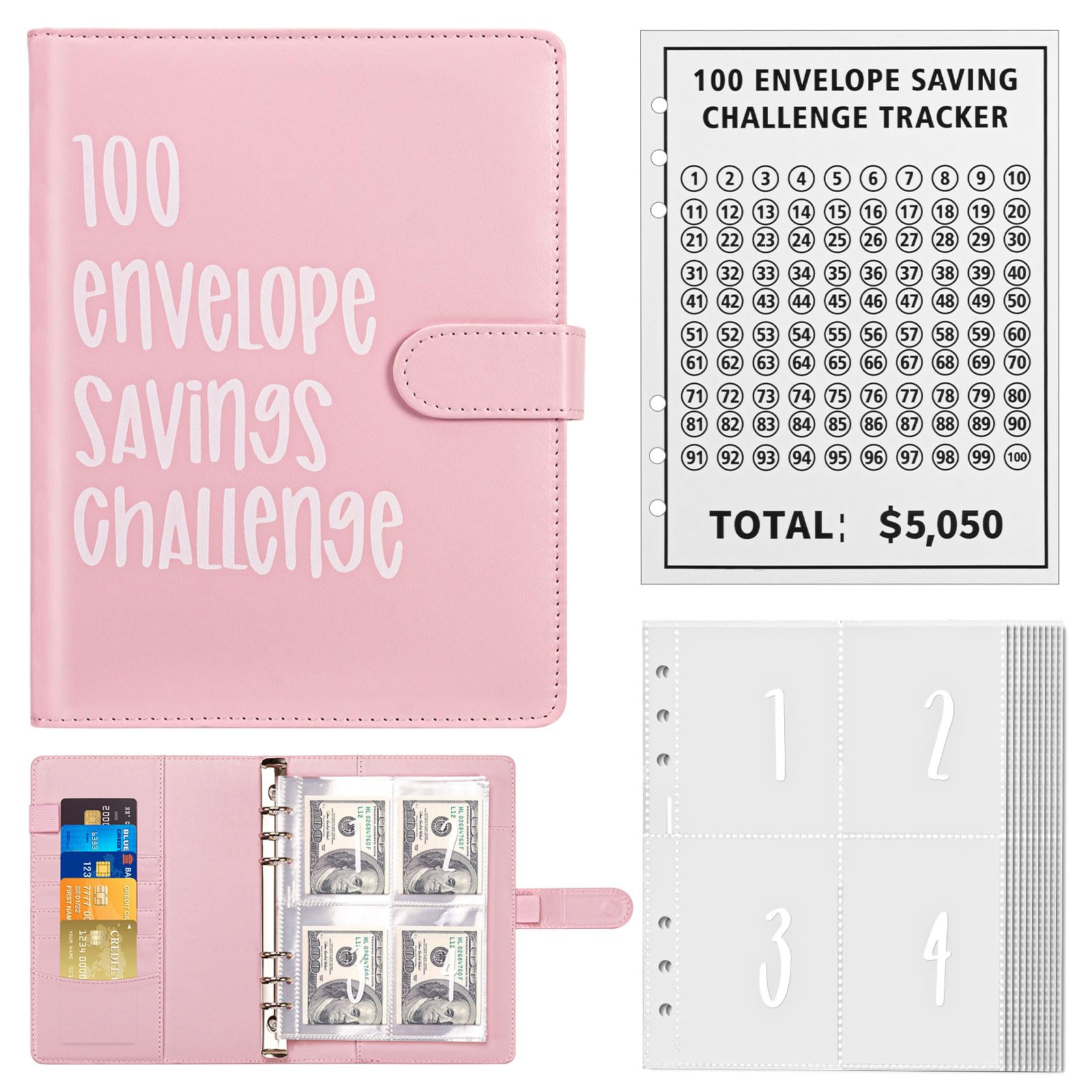 A5 Libro Del Risparmio, 100 Envelope Saving Challenge, Budget Planner Money Binder, Rosa