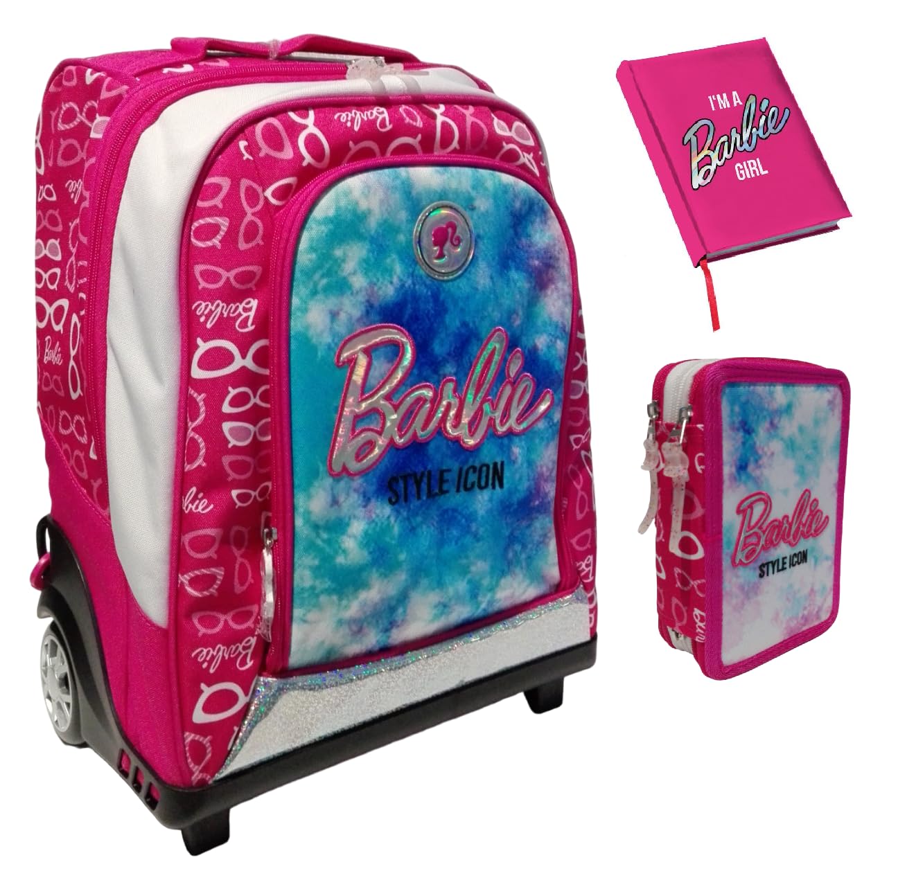 PRESTIGE & DELUXE Trolley Zaino scuola compatibile con Barbie Azzurro + Astuccio 3 piani + Agenda 2024/2025 + omaggio 7 penne cancellabile e portachiave paillettes + Penna sirena