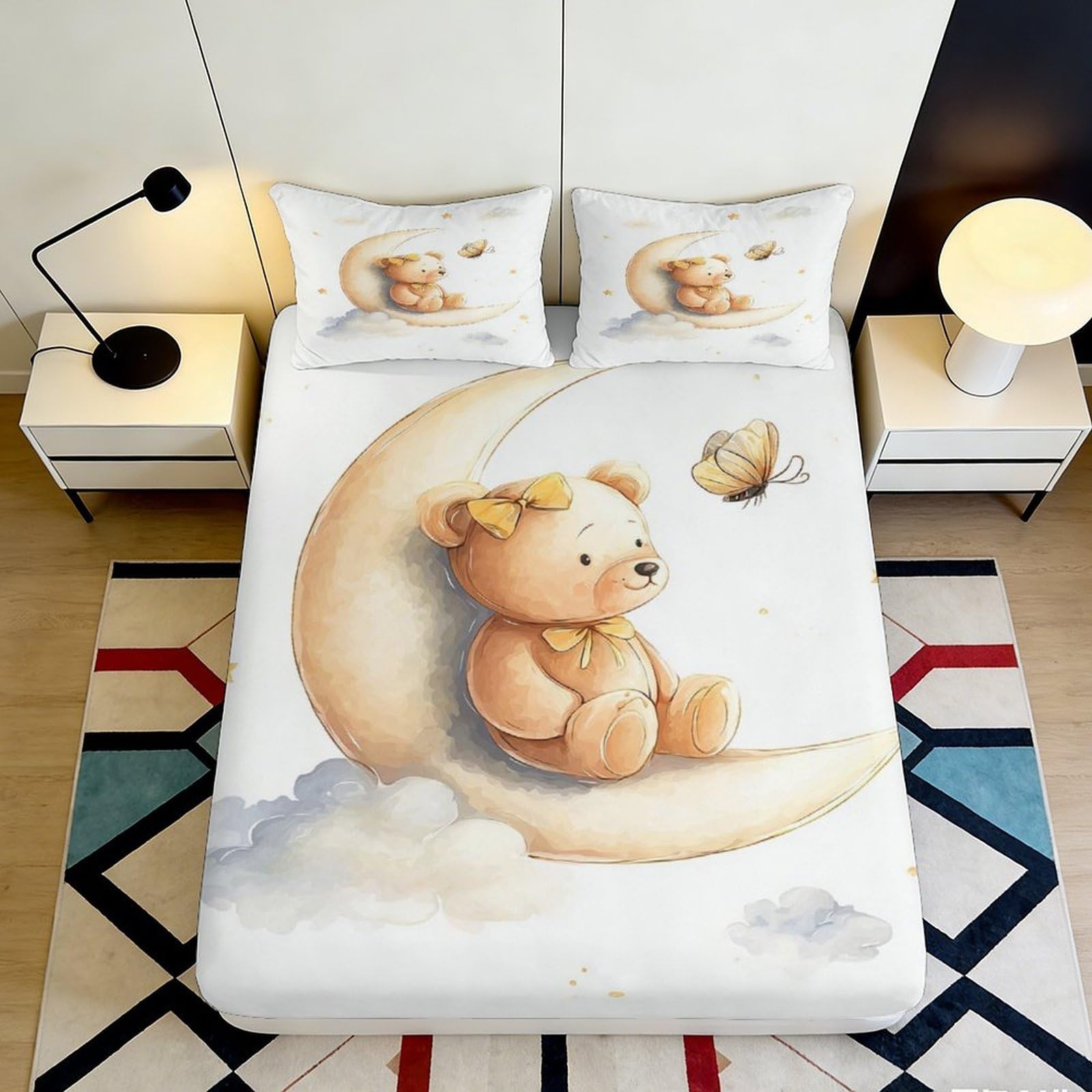 3D Printed Cute Bear Moon Fitted Sheet Microfiber Soft Cartoon Butterfly Bed Cover for Bedroom Guest Room Decor 200x200x25cm