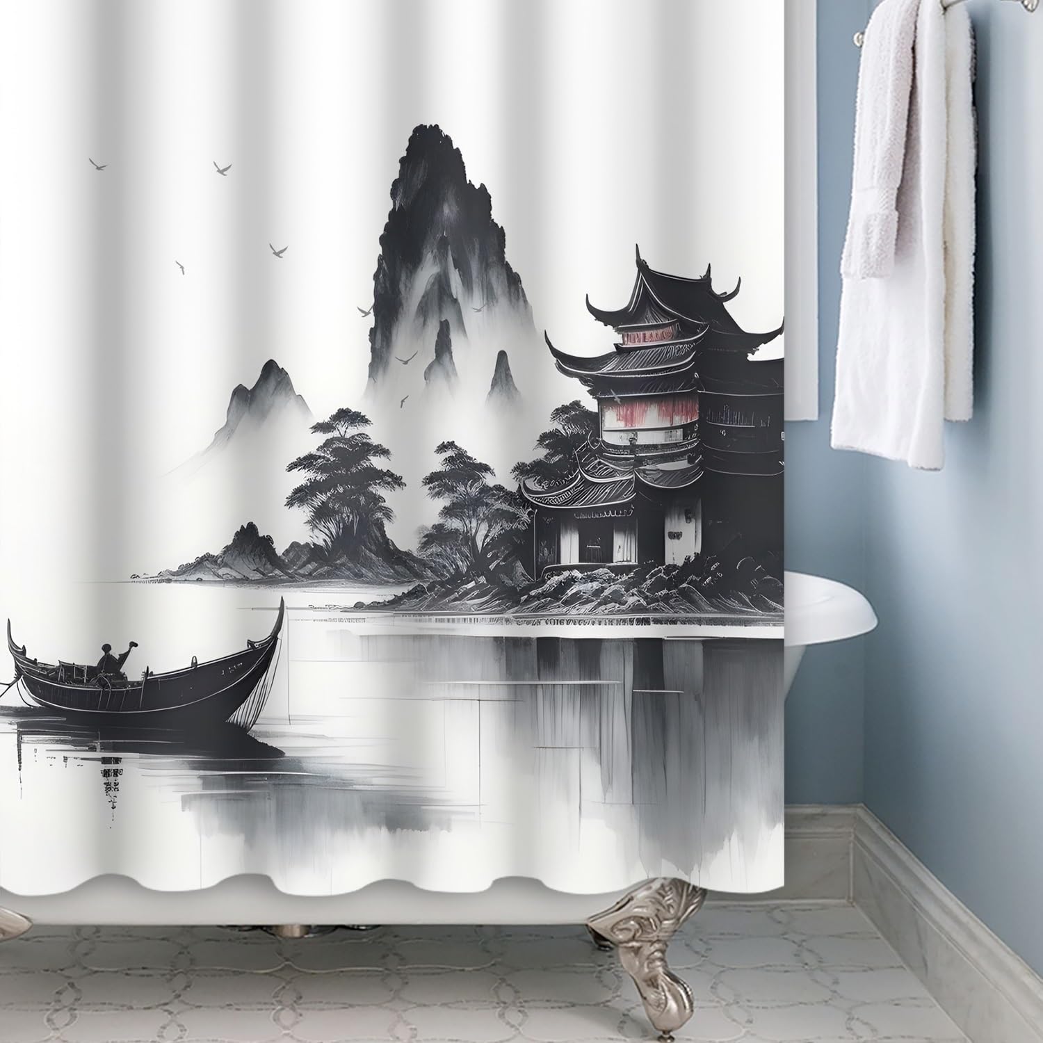 Xiaoterna Traditional Japanese Painting Shower Curtain Japanese Building Asian Ink Painting Shower Curtain Foggy Mountain Boat Wild Goose Outdoor Natural Scenery Bathroom Curtain 180x200cm - Image 4