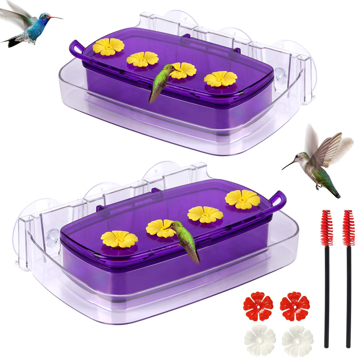 Karmnik dla kolibrów okiennych, plastikowy karmnik dla ptaków z 3 mocnymi przyssawkami, łatwy do czyszczenia i uzupełniania, wbudowana fosa, 2, fioletowy