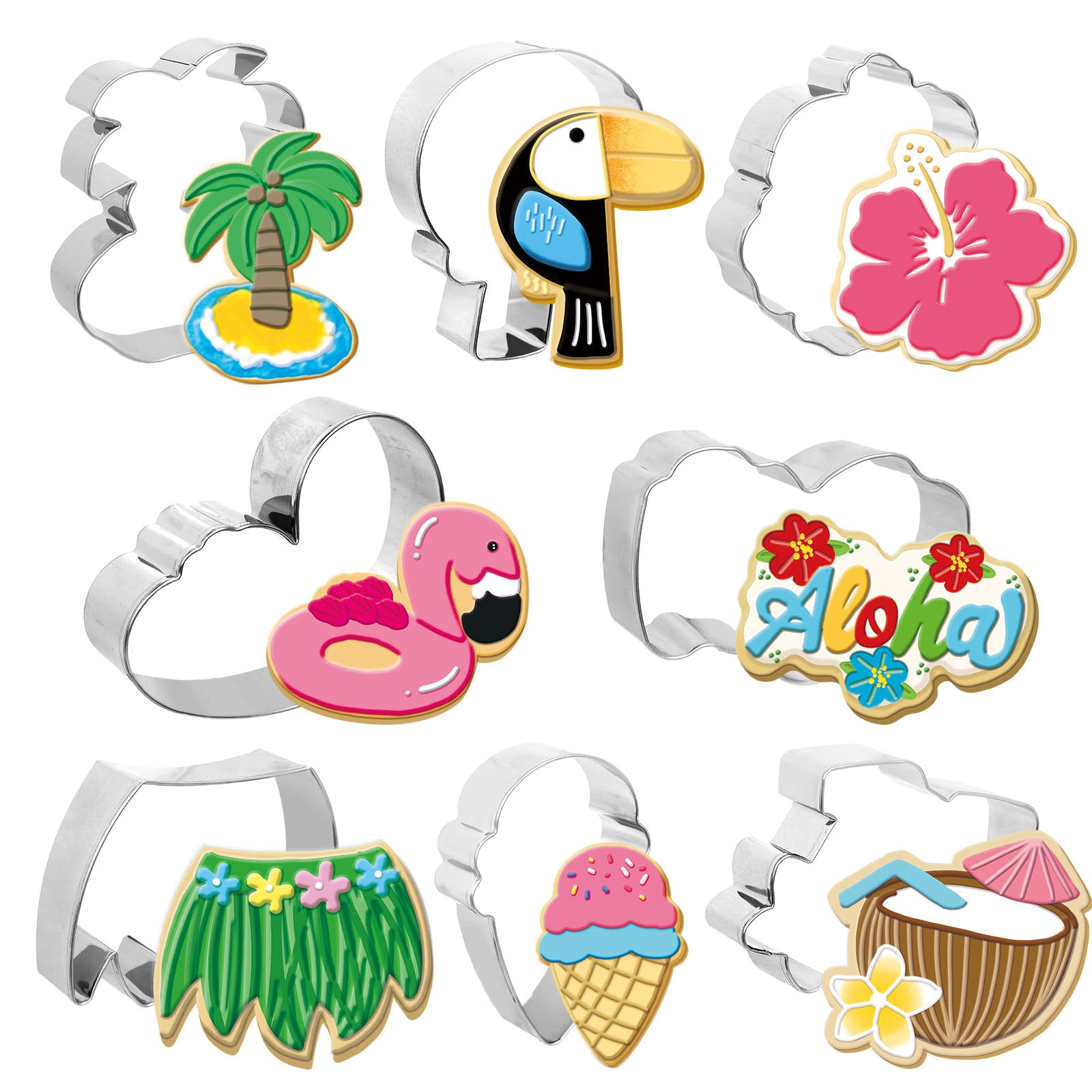 FYSUIMU 8 cortadores de galletas hawaianas de verano, flamencos tropicales, cocoteros, cortadores de galletas para verano, playa, piscina, fiesta de cumpleaños, suministros para hornear manualidades