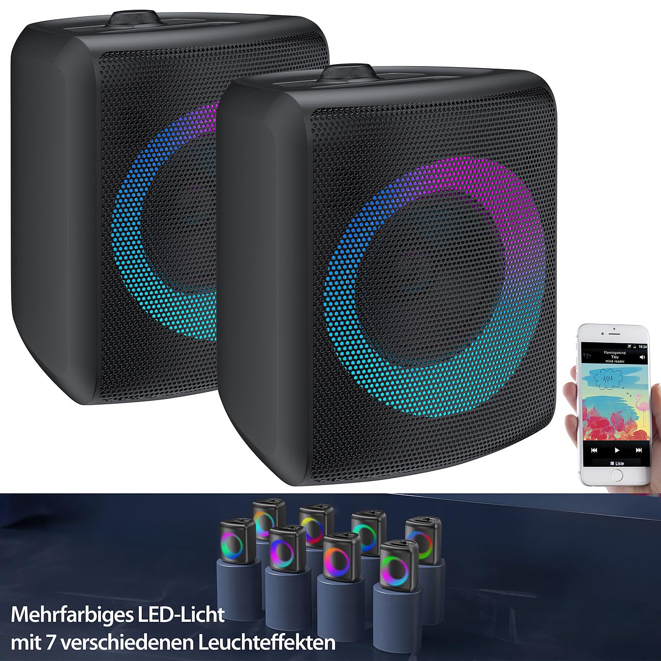 auvisio Boxen, Bluetooth: 2er-Set Outdoor-PA-Partyanlagen & -Bluetooth-Boomboxen, Lichteffekte (PA Anlage, Party-Lautsprecher, DJ)