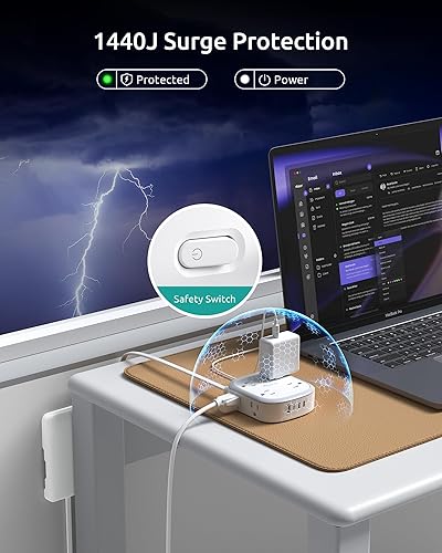 Miniatura 9 de Cable de extensión corto de 3 pies, enchufe plano NUTICT con 8 tomas de corriente y 3 puertos USB-C y 1 puerto USB-A, 13A1625W, protector de