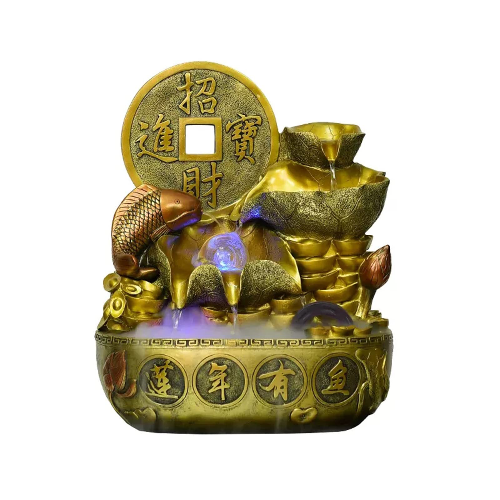Easy Install Indoor Fountain Chinese Style Tabletop Waterfall Fountains Relaxation Water Feature Feng Shui Desktop for Home and Office Decor, Gold(Medium)