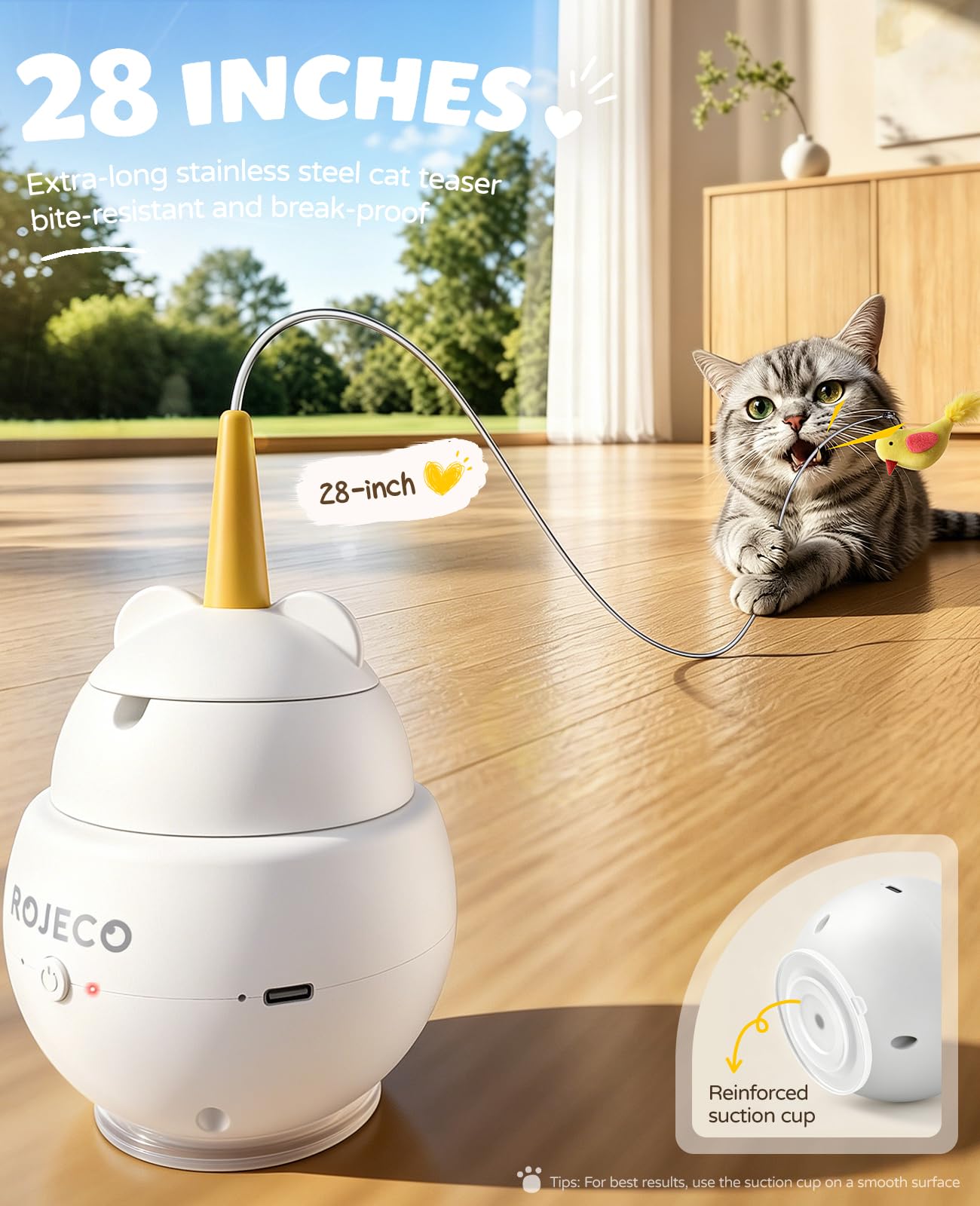 ROJECO Versione Migliorata – Giocattolo Interattivo per Gatti con Laser Rotante 360 & Canna da Pesca 2in1, Ricaricabile USB-C, 3 Modalità, Ventosa Potente, Spegnimento Automatico Intelligente