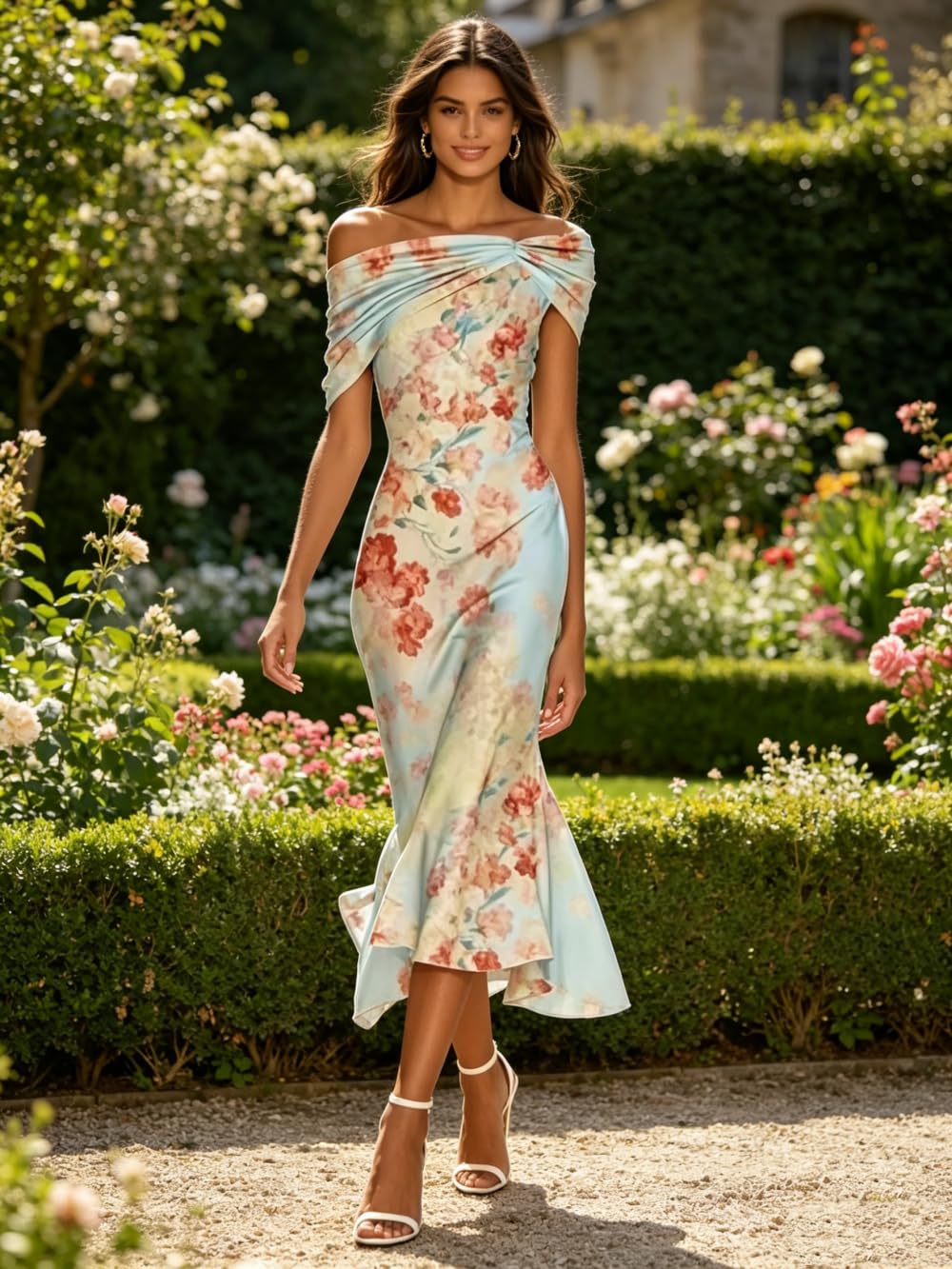 Robe longue d'été pour femme - Corset floral froncé - Épaules dénudées - Ourlet à volants - Robe d'été pour vacances