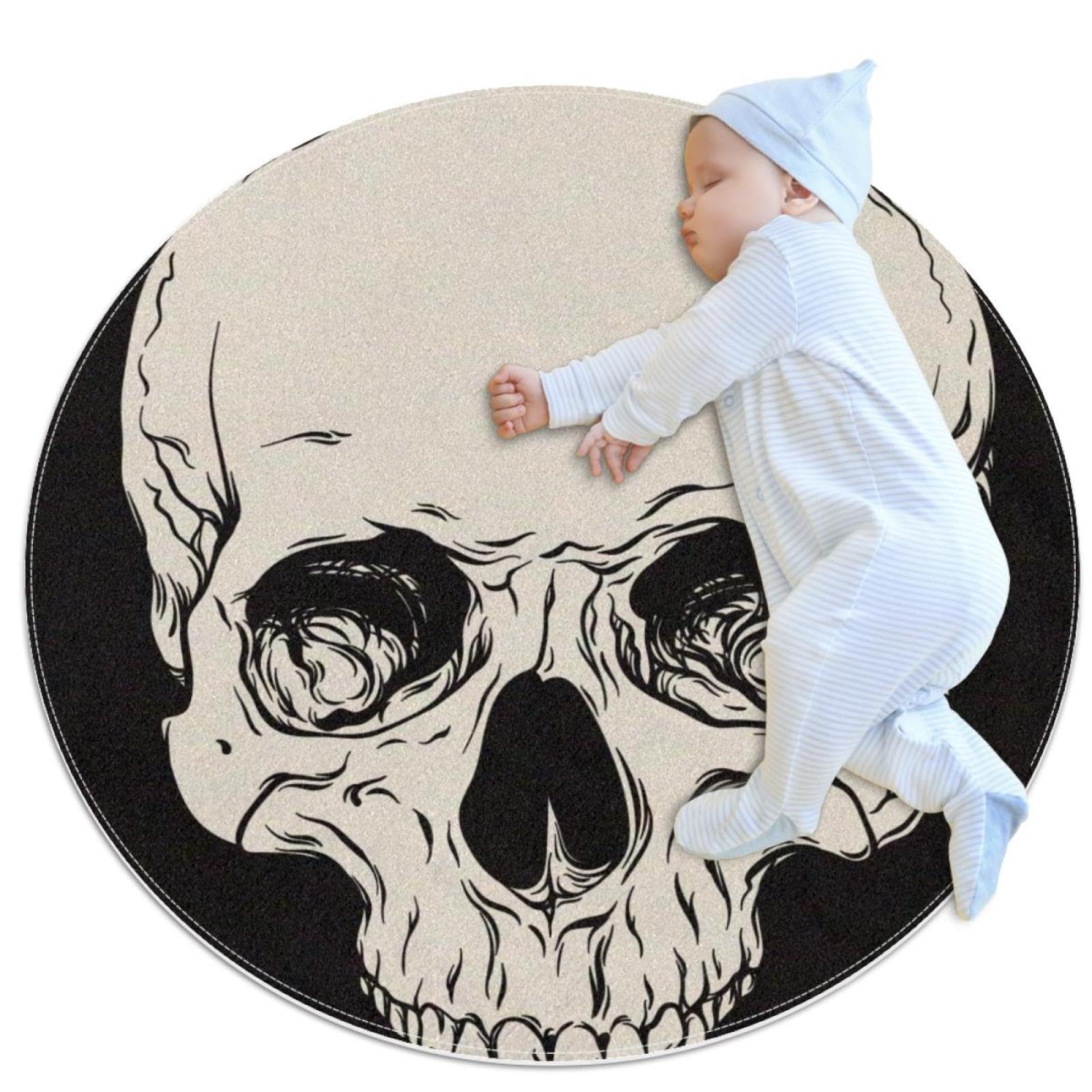 Tapis de salle de bain antidérapant rond 1m motif crâne noir