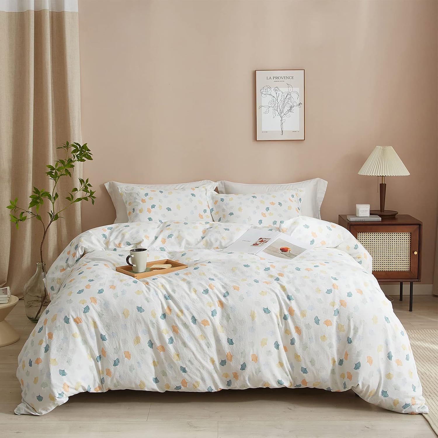 EAVD Colorful Ginkgo Leaves Pattern Duver Cover Twin Soft Microfiber White Bedding Set 1 Twin Size Duvet Cover with 2 Pillowcases Fresh Leaves Bedding Duvet Cover with Zipper Closure Corner Ties