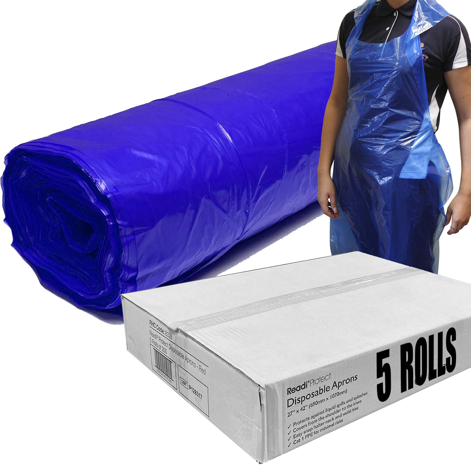 Readi Blue 5 Rolls, 1000 Protect Disposable Aprons Medical Catering Kitchen - 200 Aprons Per Roll