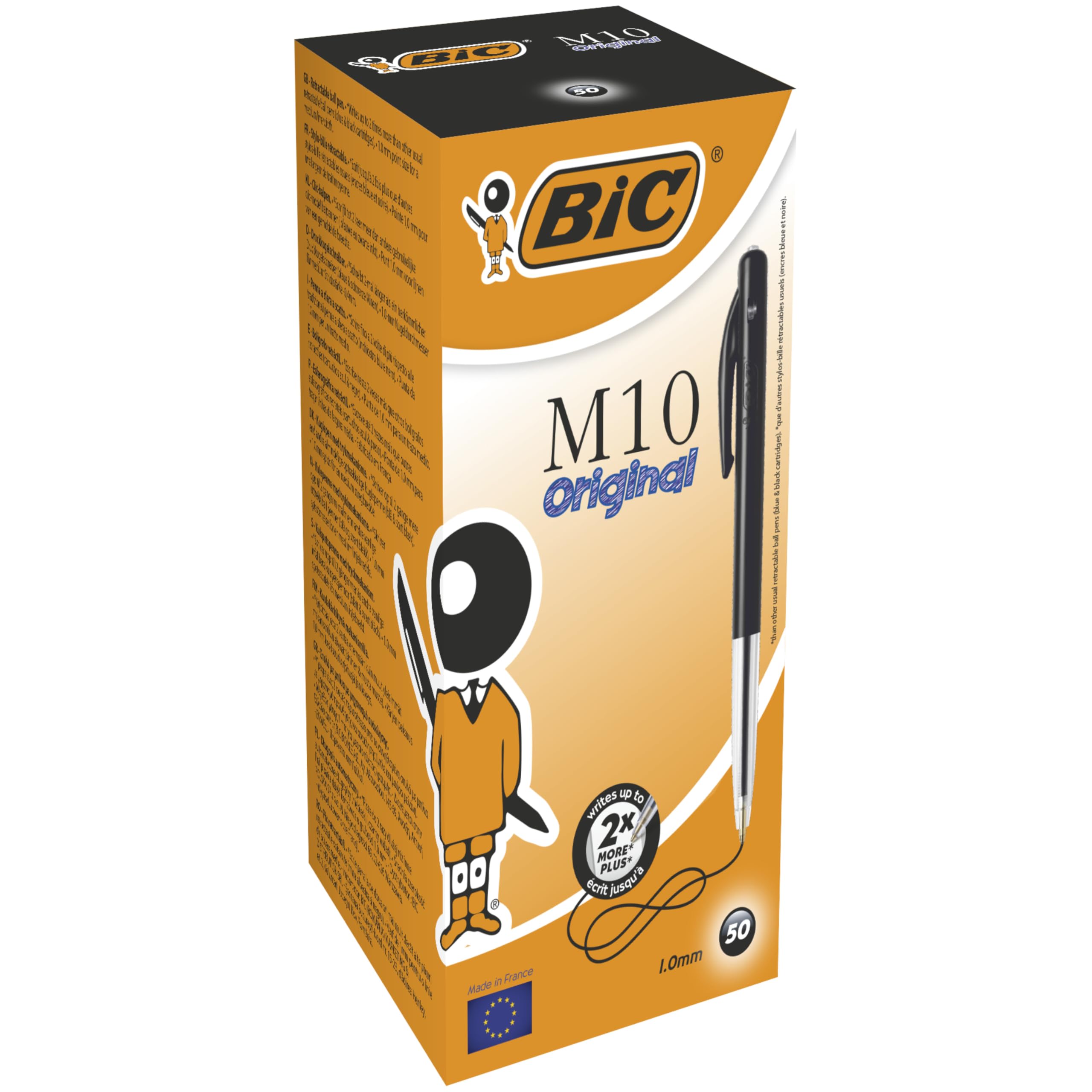 BIC M10 Original Stylos-Bille Rétractables Pointe Moyenne (1,0 mm) - Noir, Boîte de 50