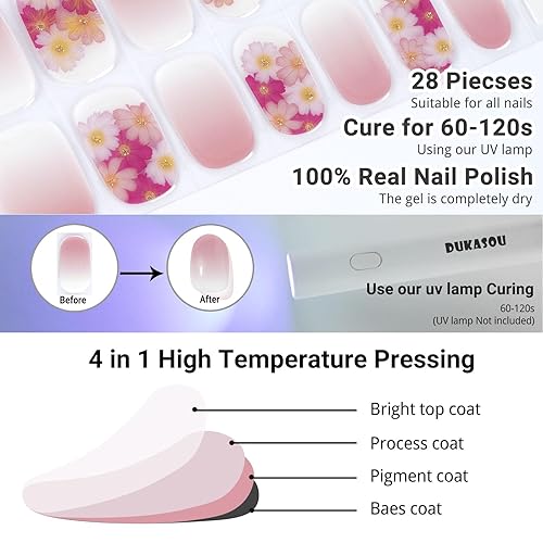 Miniatura 9 de DUKASOU Tiras de uñas de gel semicuradas, 28 piezas de tiras de uñas de gel en polvo desnudo con luz UV, calcomanías de uñas de gel para mujeres,
