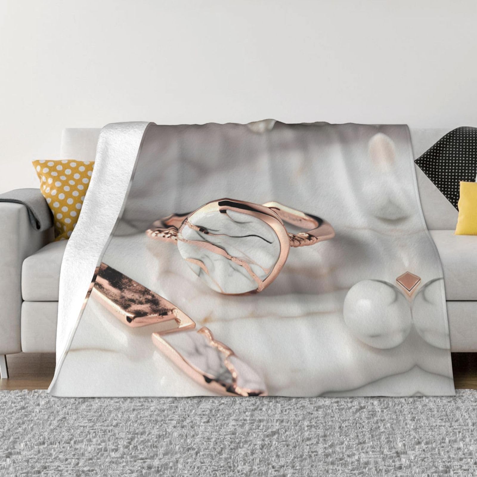 Couverture polaire marbre blanc et or rose, jeté de lit doux pour canapé