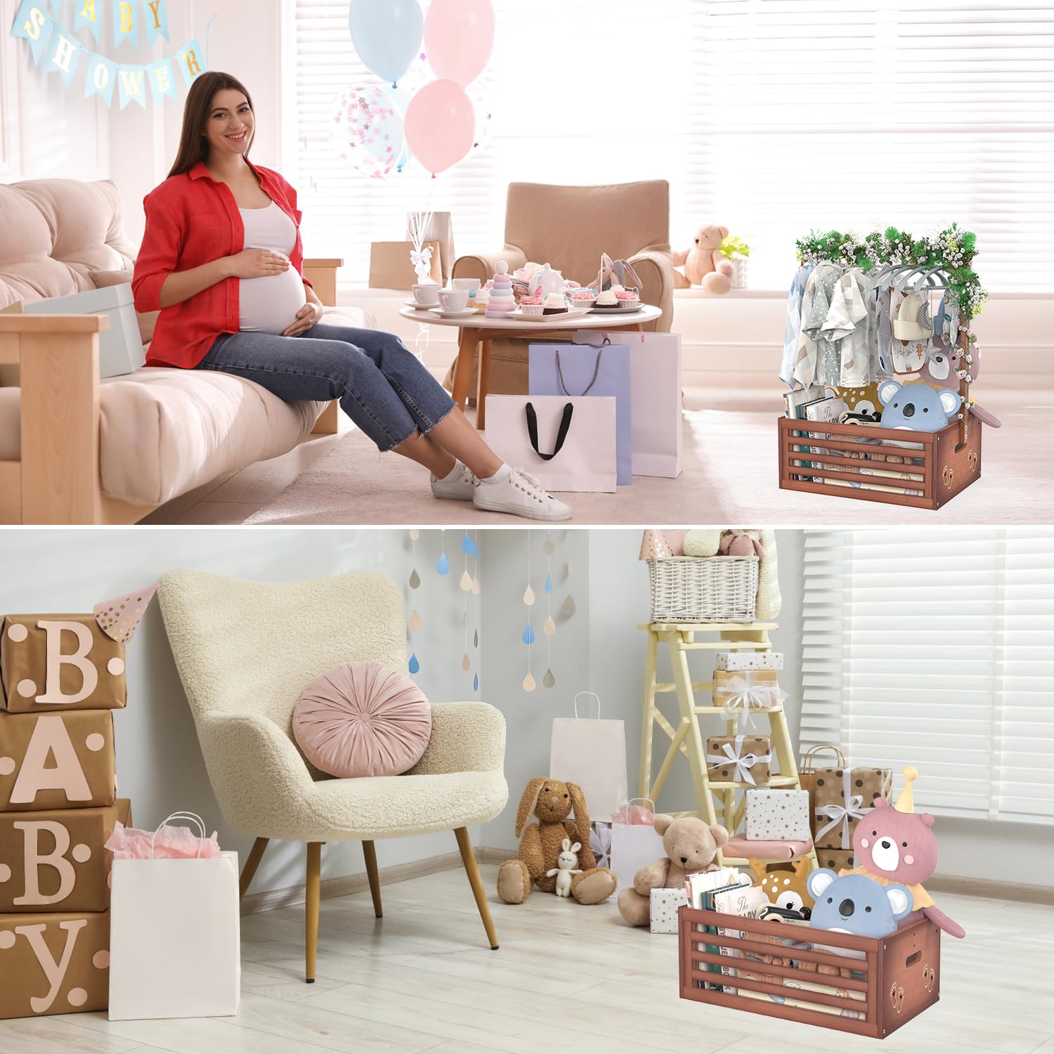 BAMBOOHOMIE Armadietto per baby shower, cestini per bambini con manico per grucce, scatola per baby shower, cestino regalo di benvenuto per neonati, regalo di gravidanza per neo genitori (marrone, di