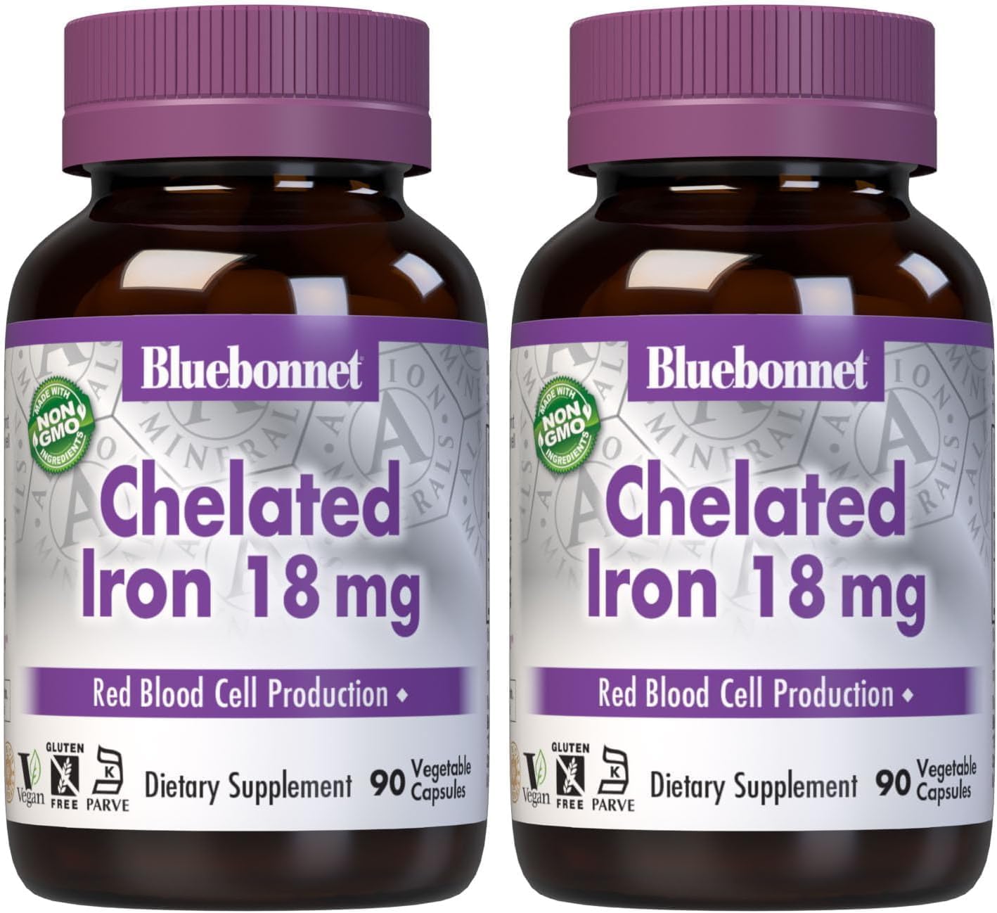 Bluebonnet Nutrition Chelated Iron 18 mg - Non-constipating Iron - Soy-Free, Gluten-Free, Non-GMO, Kosher Certified, Dairy-Free, Vegan - 90 Vegetable Capsules, 90 Servings (Pack of 2)
