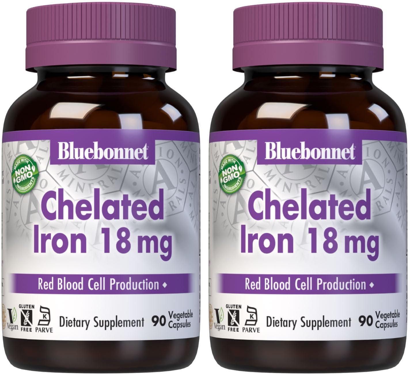 Bluebonnet Nutrition Chelated Iron 18 mg, 90 Vegetable Capsules 90 Count (Pack of 2)