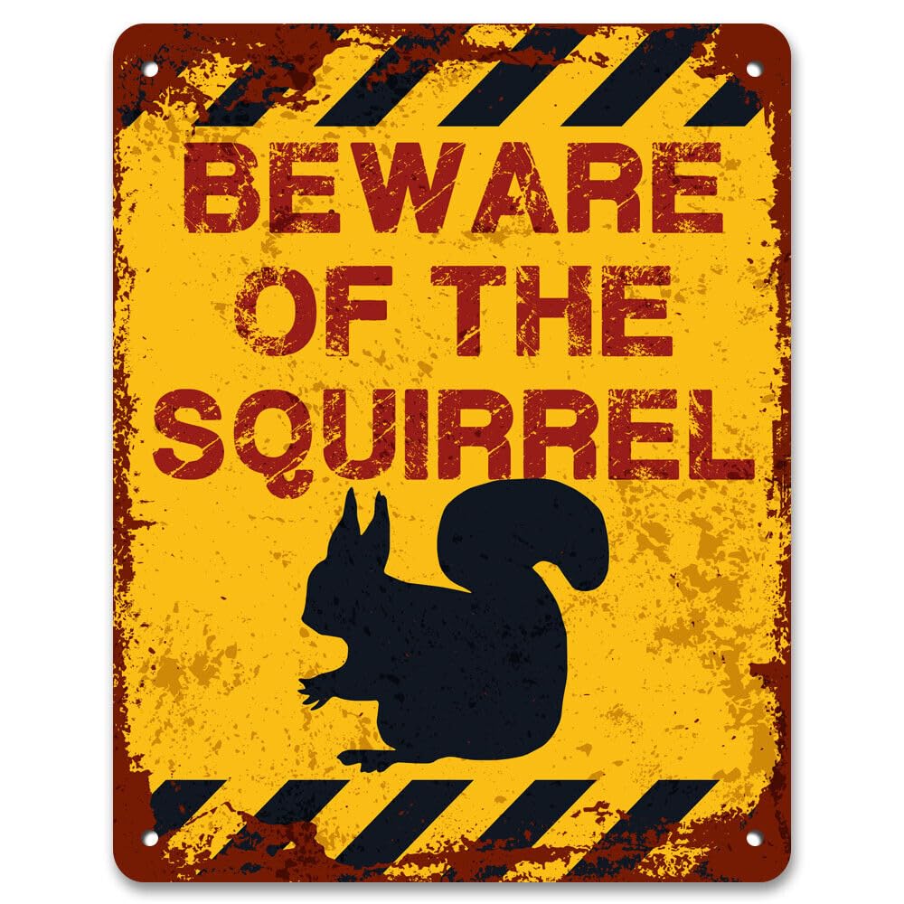 Beware of the Squirrel - Tin Sign, Coffee Shop Decor Retro Vintage Metal Sign Poster Pub Bar Kitchen Garden Bathroom Home, Poster, Plaque, Decorative Wall Art, 2 Sizes (A4)
