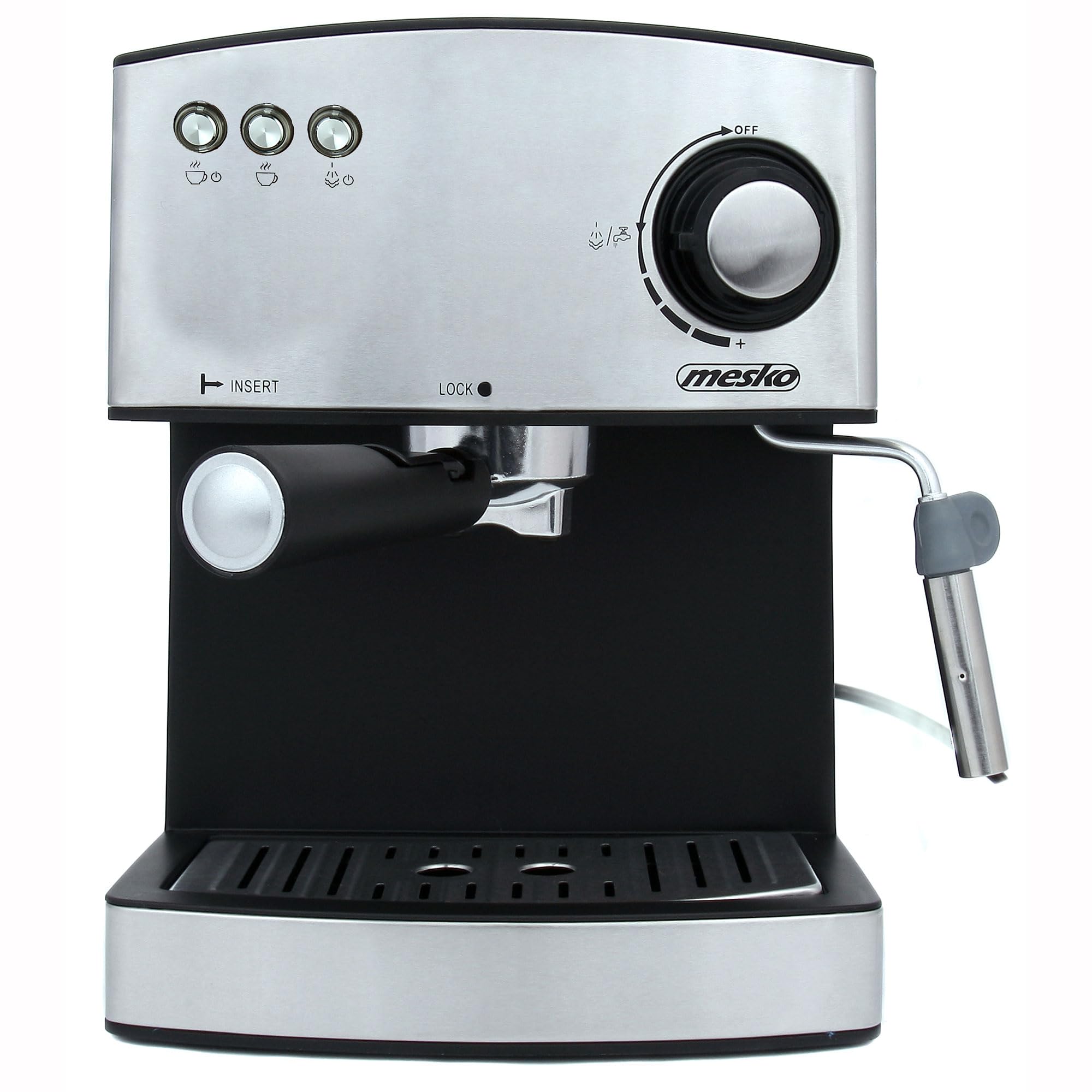 Mesko MS 4403 Macchina caffè Espresso Manuale Cappuccino, 15 Bar, per Grani Macinato, Serbatoio da 1,6L, Vaporetto Schiumatore di Latte, Scaldatazze, Acciaio Inox/Nero, 850W