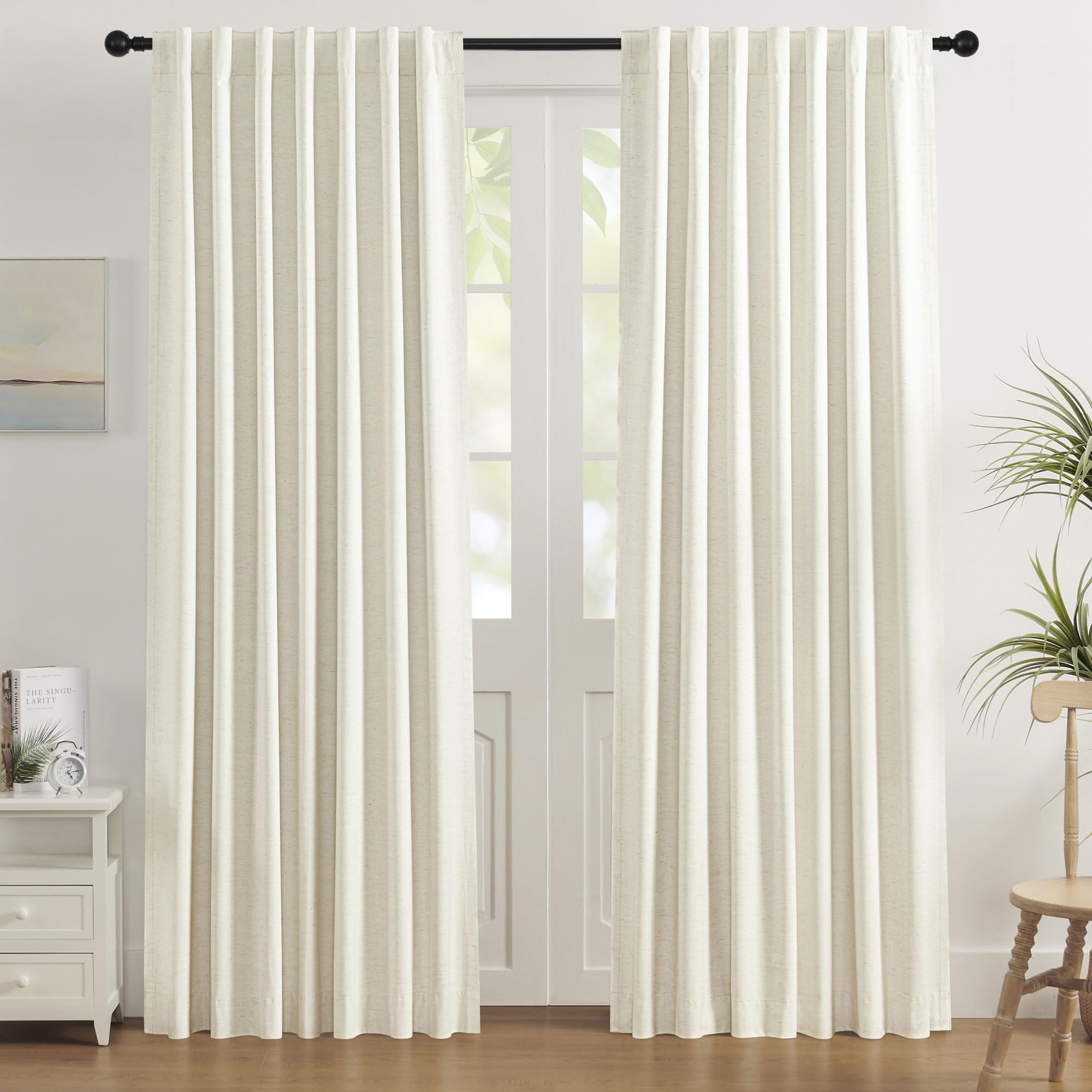 UHITECH Linen Curtains 90 Inches Long Beige Blackout Curtain for Bedroom 2 Panels Set for Living Room Black Out Thermal Insulated Back Tab Modern Darkening Drapes