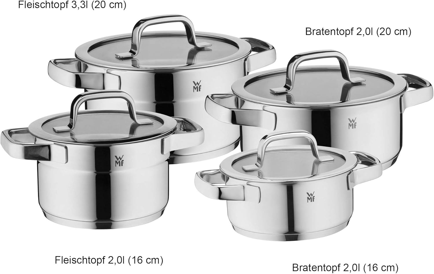 WMF Compact Cuisine 4-Piece Induction Cooking Pot Set with Glass Lid, Polished Cromargan Stainless Steel, Uncoated Pot Set, Scale Inside