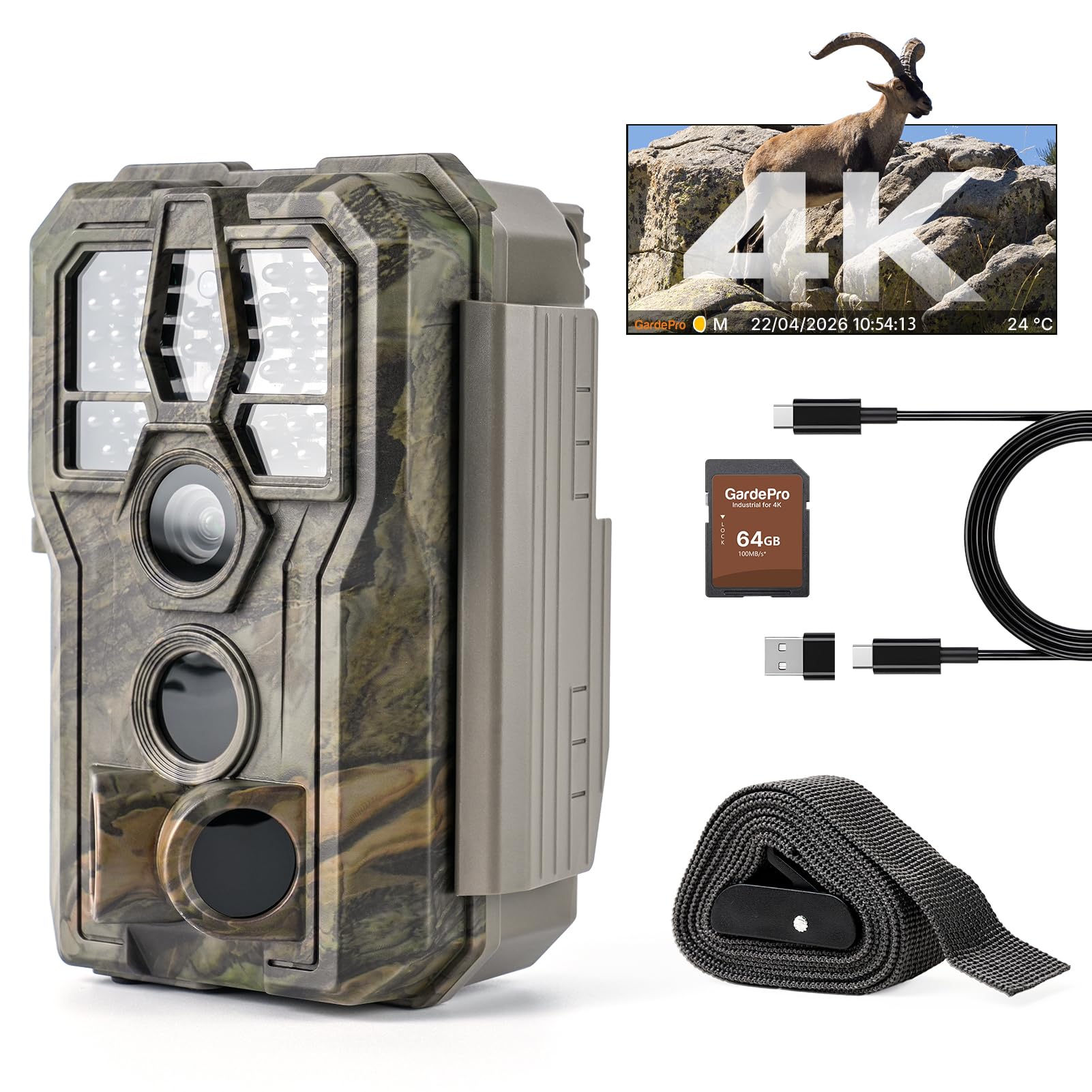 GardePro E5 2.0 Camara Fototrampeo 4K, Tarjeta SD de 64 GB, 64MP 4K Cámara Fototrampeo, IP66 Camara de Caza, IP66