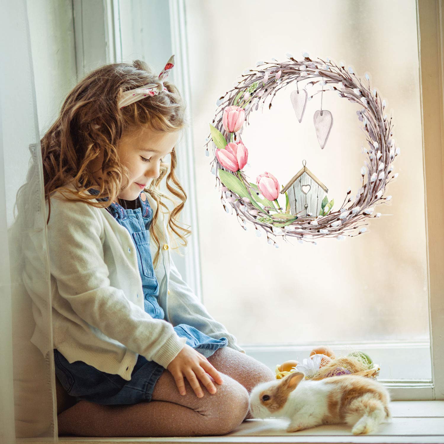 Stickerscape Spring Wreath Window Sticker | Easy to Apply | Repositionable and Reusable | Viewable from Both Sides of A Window | Spring and Easter Themed Window Stickers