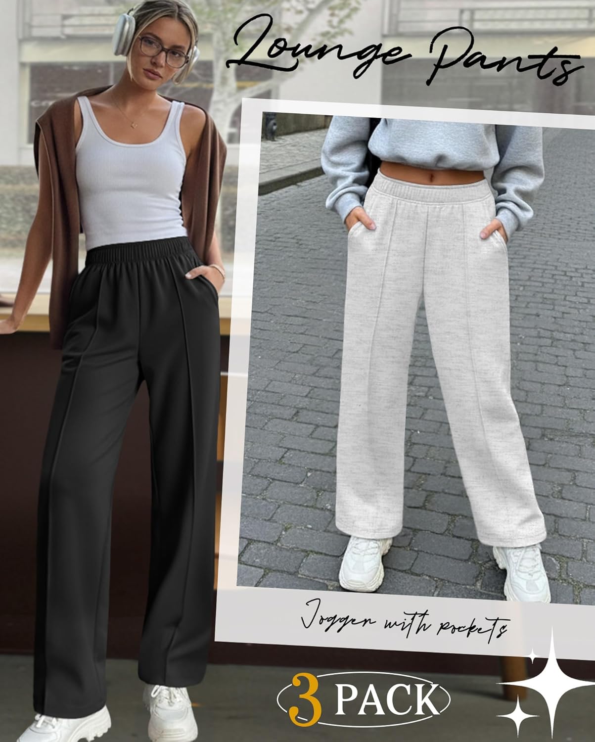 Neer 3 Pack Women's Wide Leg Sweatpants Baggy High Waist Straight Yoga Pants Open Bottom Jogger with Pockets - Image 3