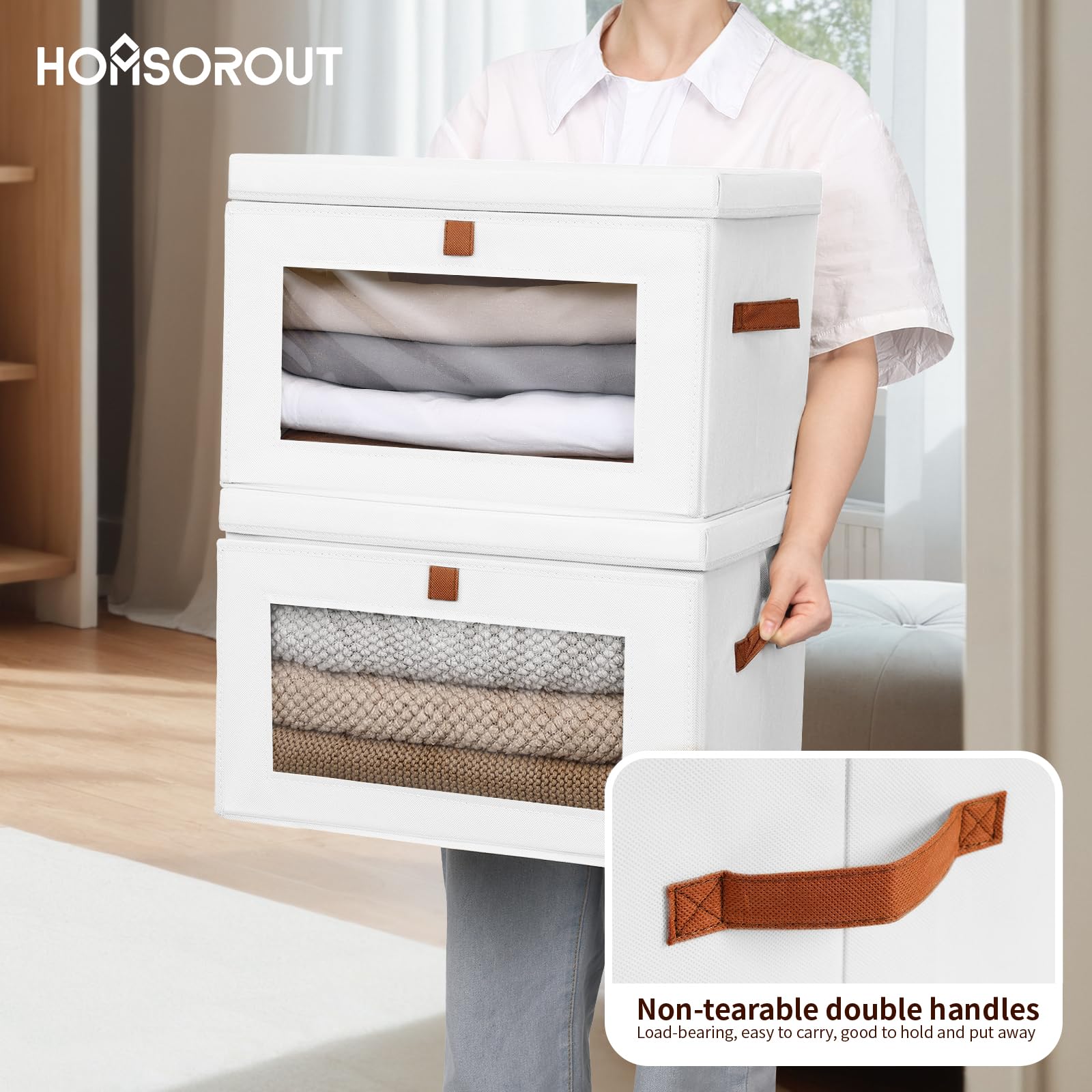 DIMJ Aufbewahrungsboxen mit Deckel Stoff - 4er Set Aufbewahrungskorb Stoff Faltbare Storage Boxes mit Transparentem Sichtfenster, 42 x 30 x 28 cm Faltbox für Kleidung, Waschbare, Kinderzimmer, Weiß