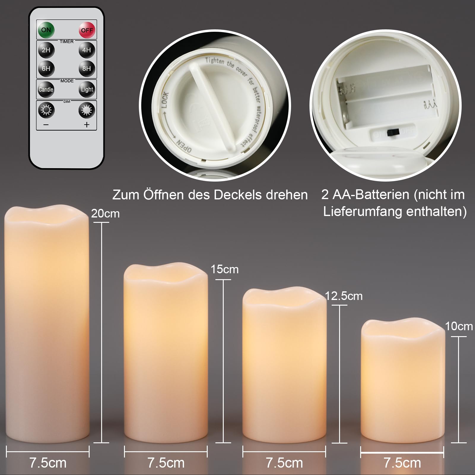 Relaxdays Candele a LED, Set da 3 Candeline Elettriche con Fiamma Tremolante, Funzionamento a Batterie, 7 cm, Crema, Cera