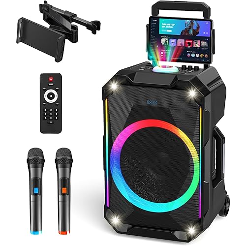 Portable Karaoke Machine for Adults, 12" Big Bluetooth Party Speaker with 2 Wireless Mics for Adults & Kids, 400W Peak Power,Karaoke Microphone with PA System Supports USB/TF/REC/FM/AUX