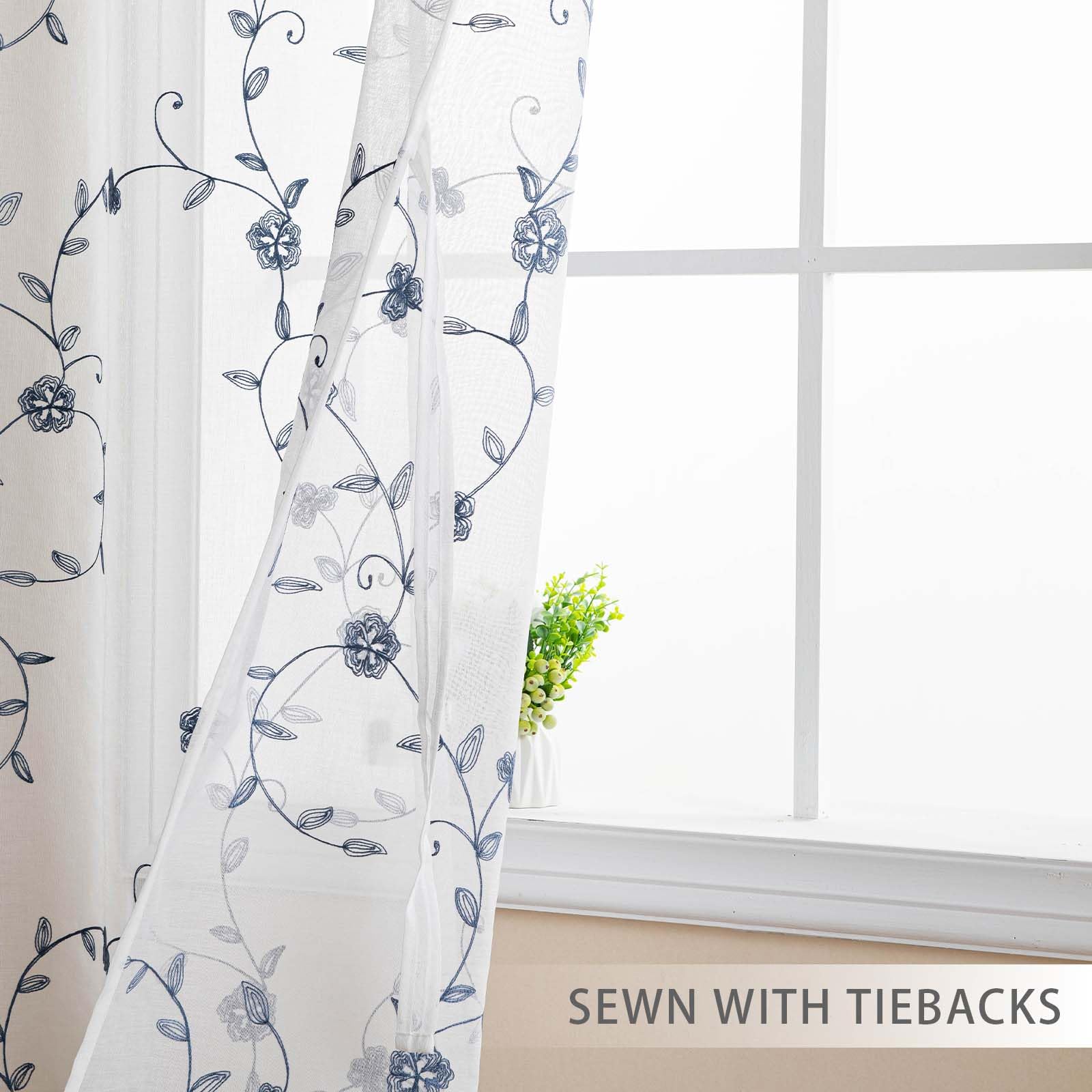 DWCN Embroidery Sheer Curtains Decoration Flora Design Grommet Window Curtain Semi Voile Drapes with Eyelets Window Treatments for Living Room Bedroom 2 Panels 52" W x 96" L Blue - Image 3